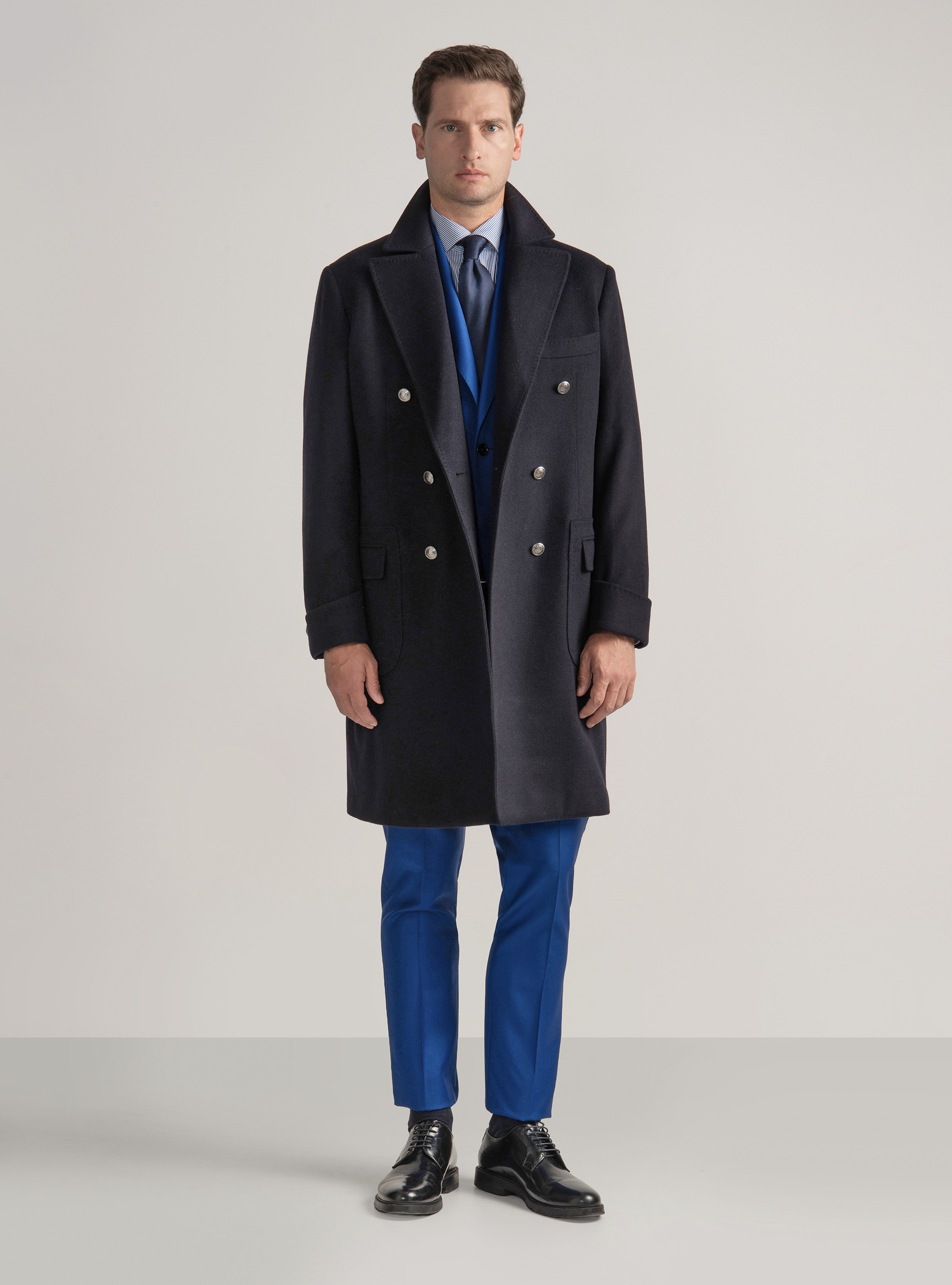 Cashmere wool double-breasted coat with metal button, NAVY BLUE
