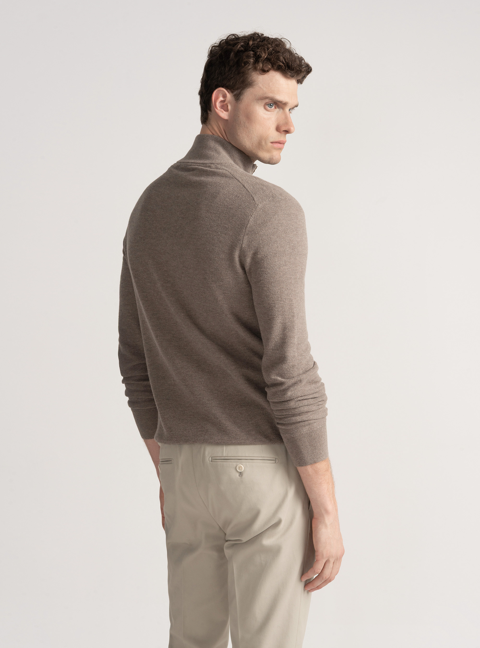 Cotton cashmere honeycomb mock neck sweater, MUD