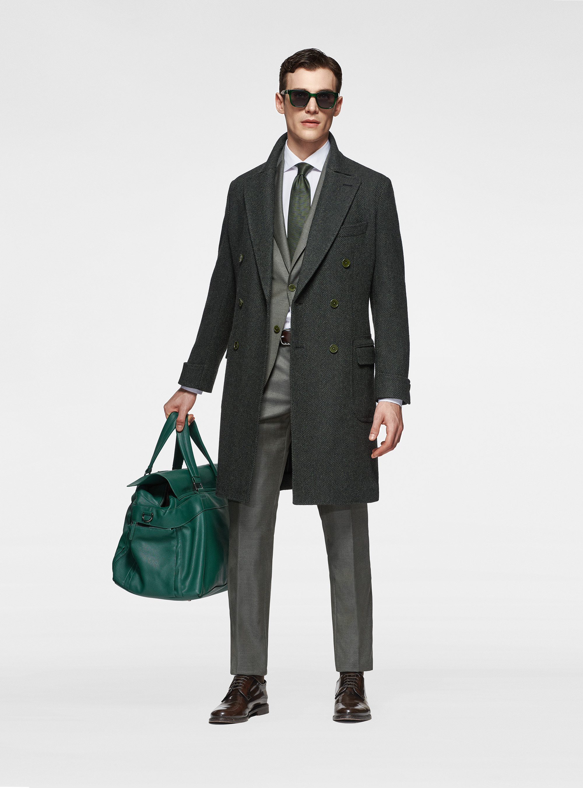 Double-breasted coat in herringbone wool blend, GREEN