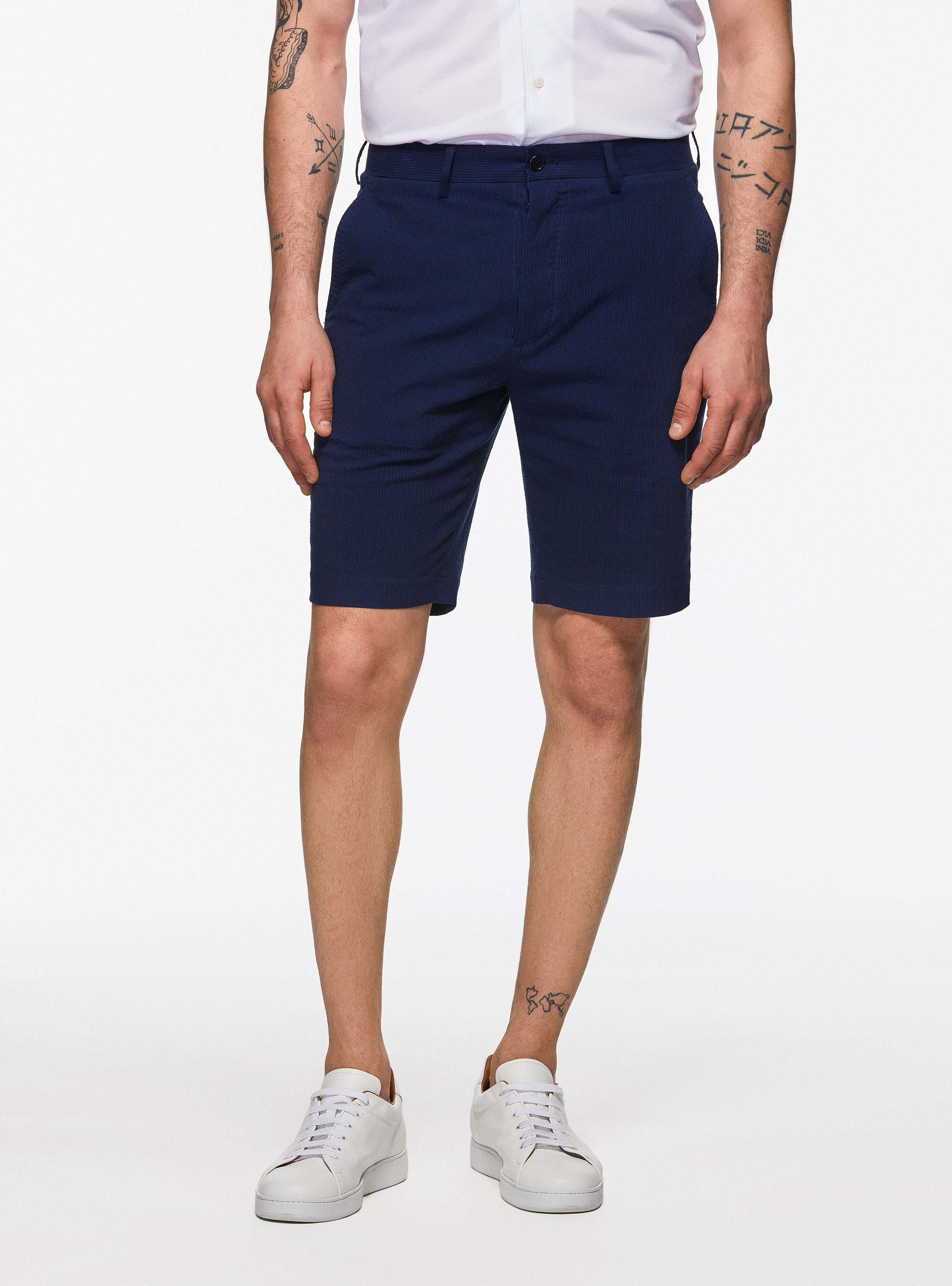 Bermudas de algod&oacute;n seersucker el&aacute;stico, AZUL MARINO