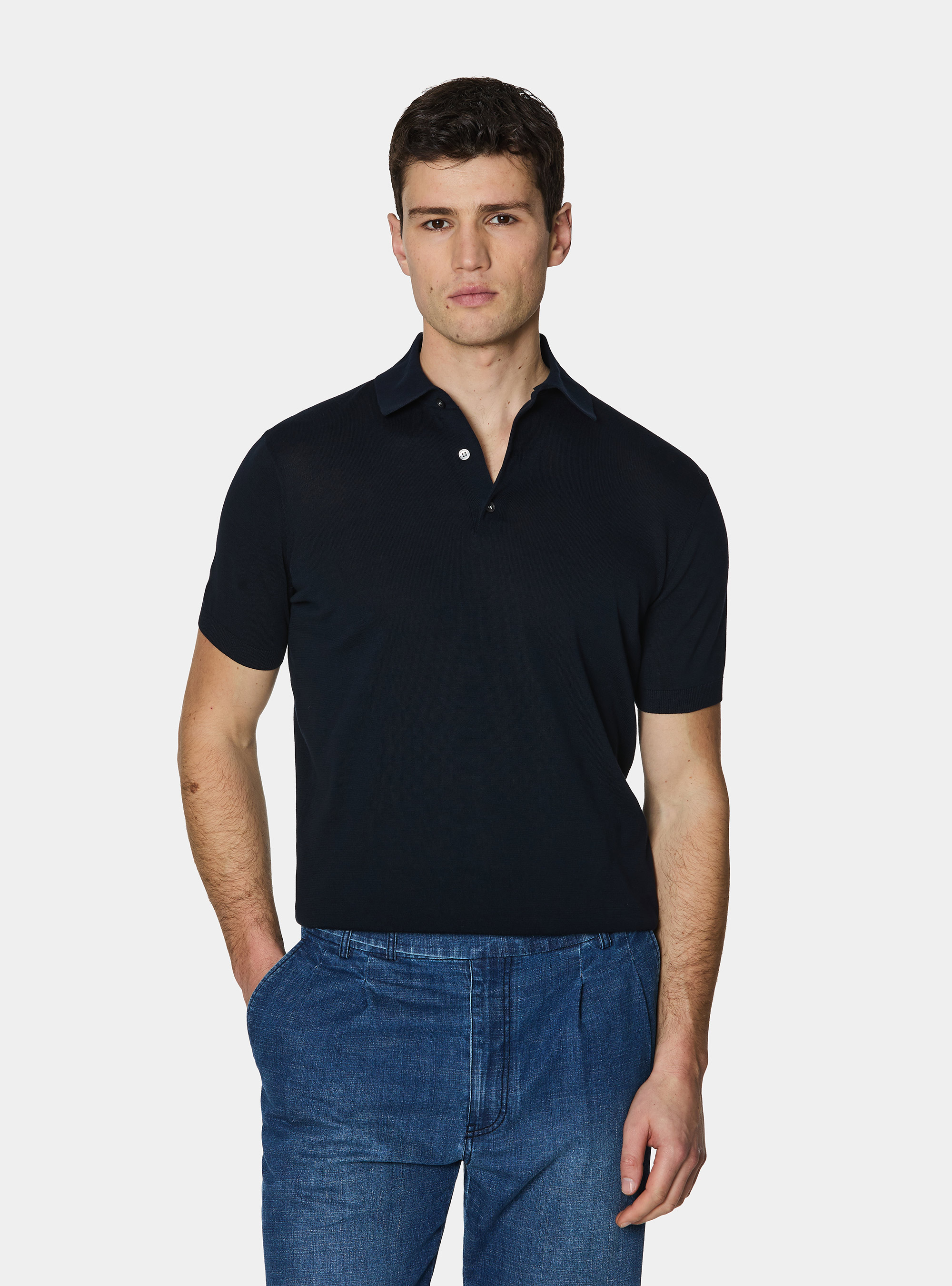 Extra-fine cotton knit polo shirt, NAVY BLUE