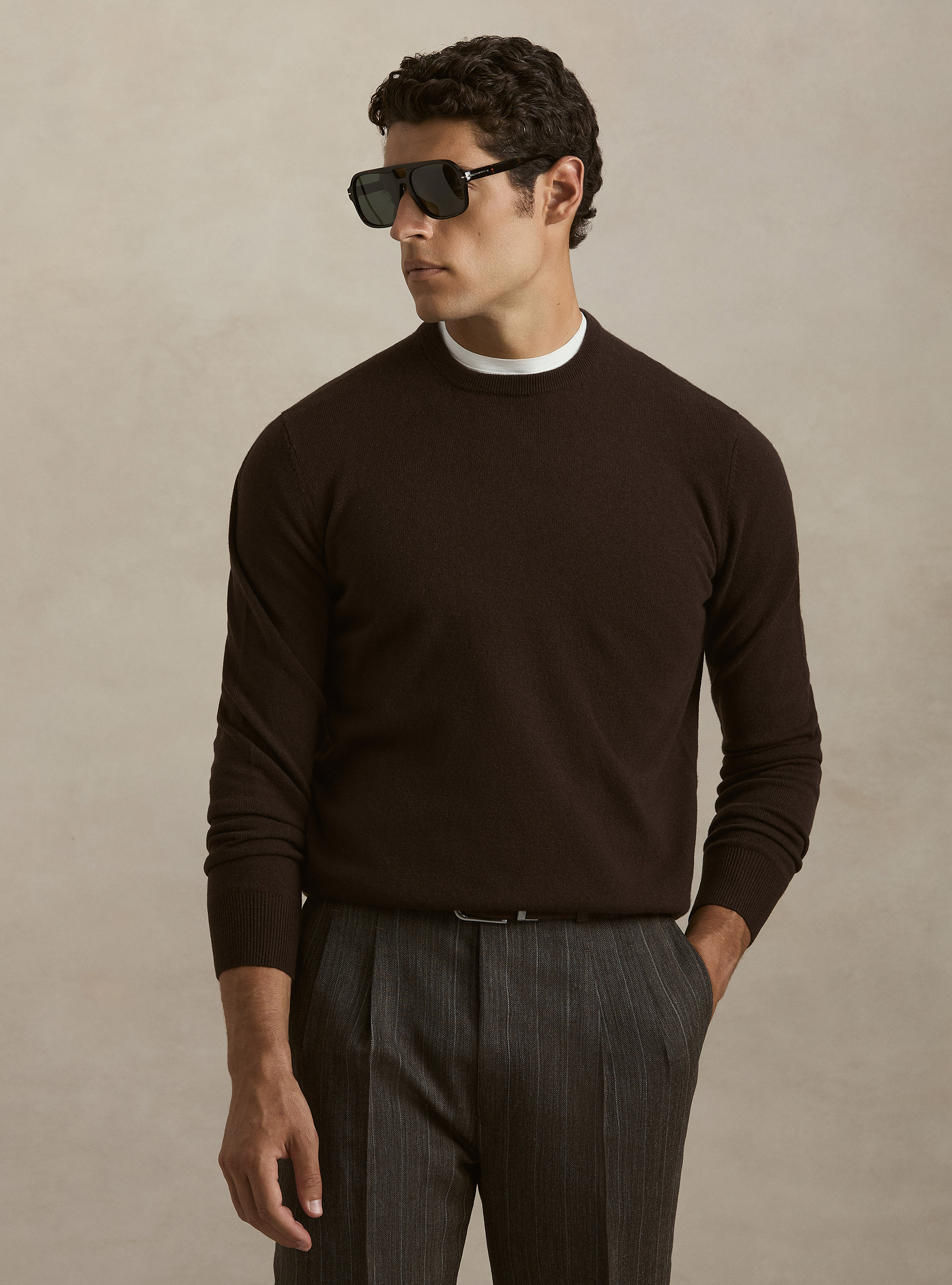 Pull col rond en lambswool et cachemire, MARRON