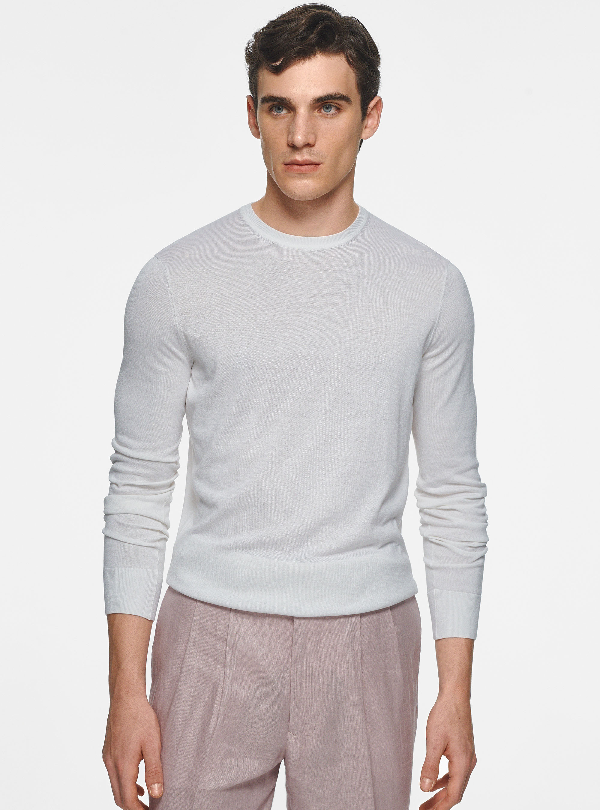 Maglia girocollo in seta e cotone, BIANCO