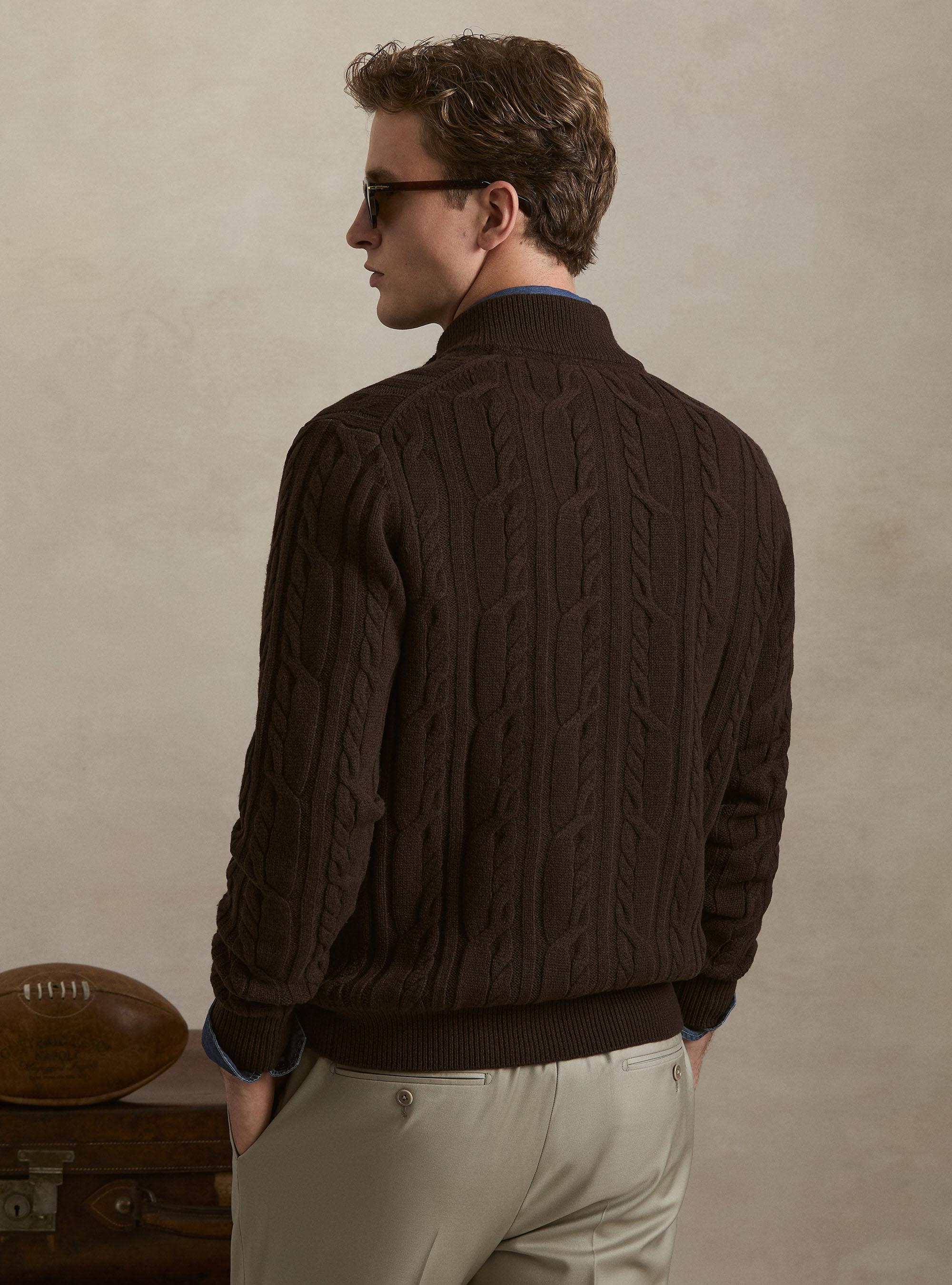 Cardigan a treccia in lana e cashmere, MARRONE
