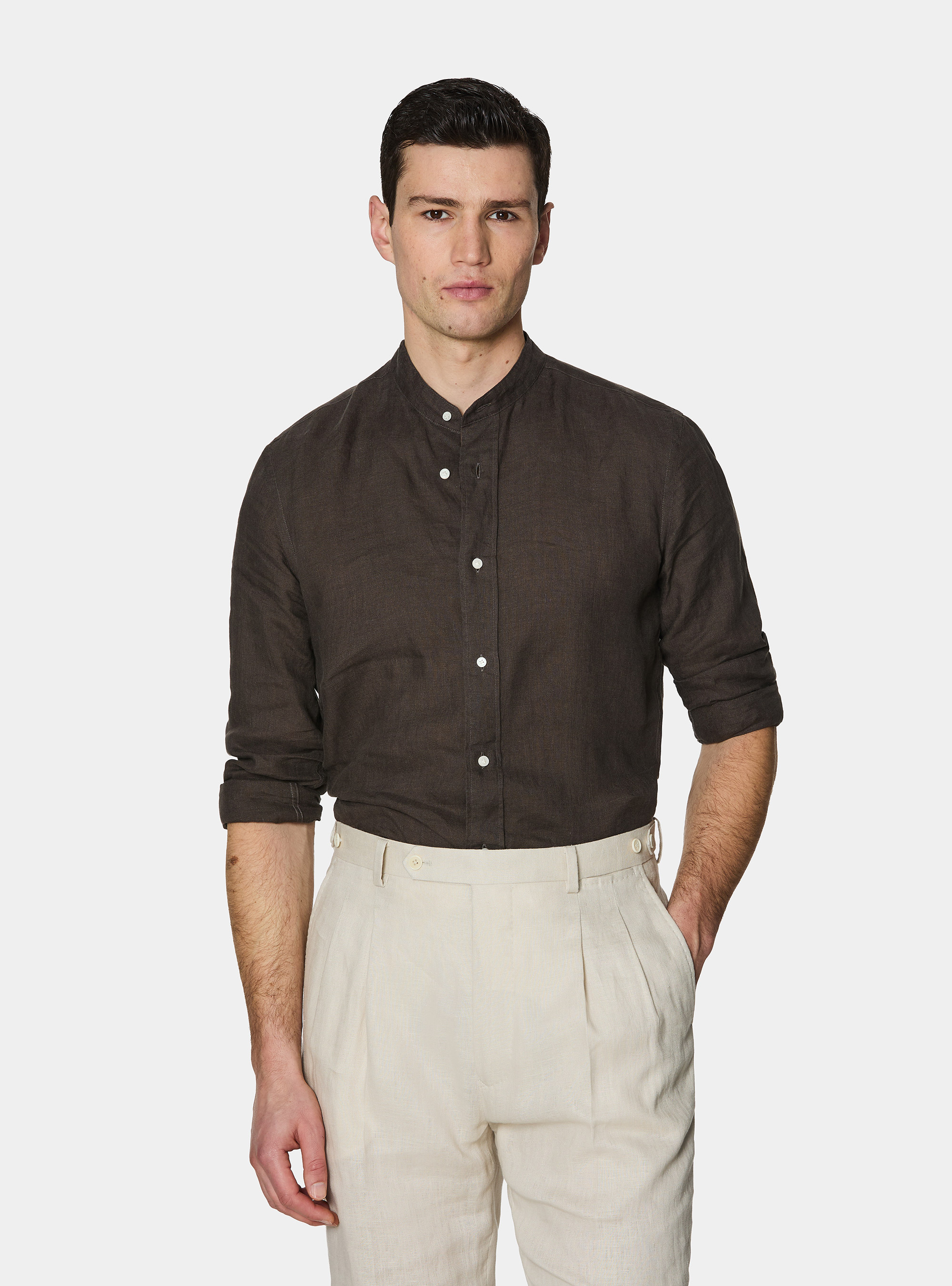 Camisa coreana de lino puro, MARRON