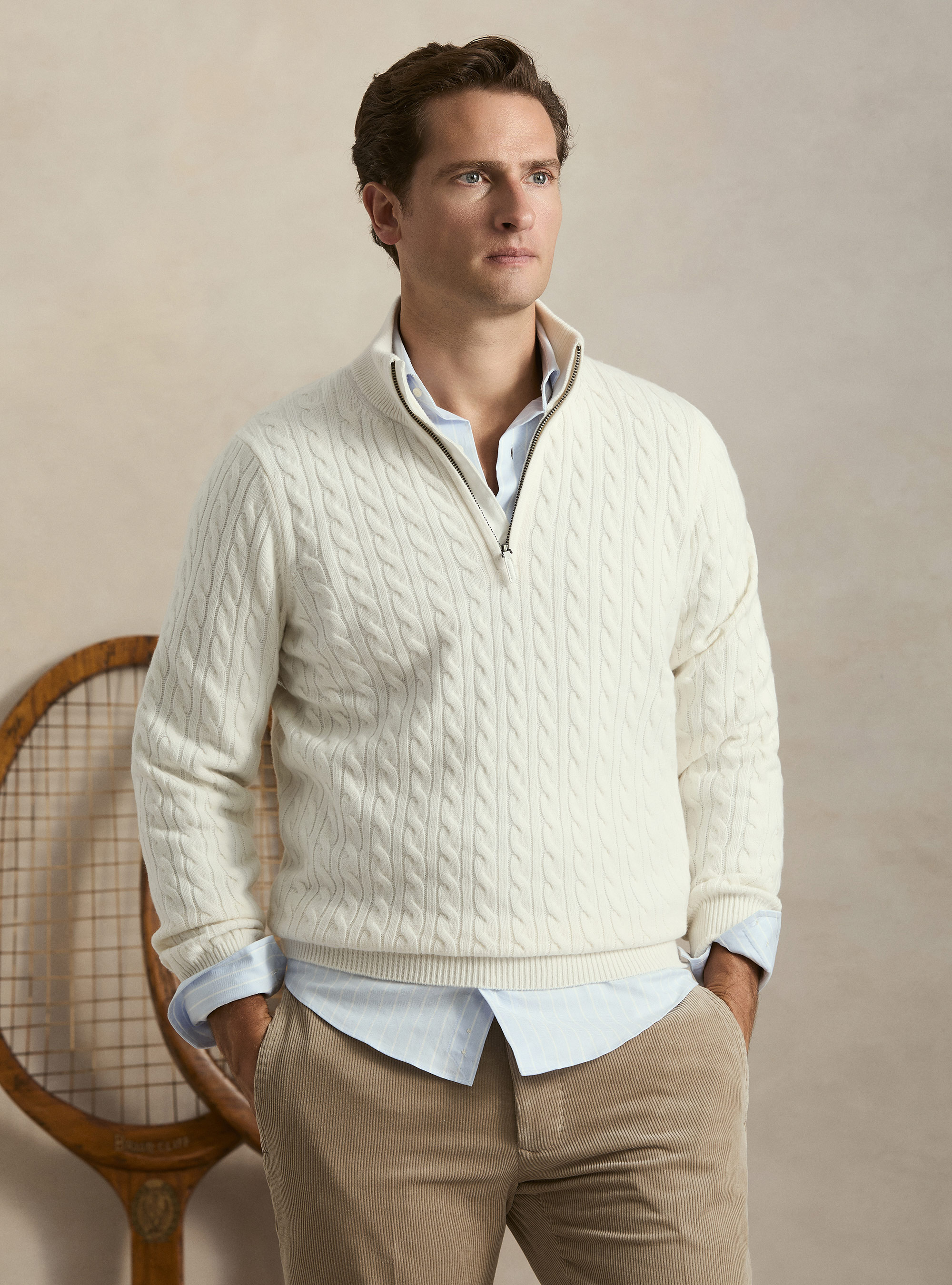 Zopfstrickpullover mit Mock-Neck aus Woll-Kaschmir-Mischung, BIANCO 0099C