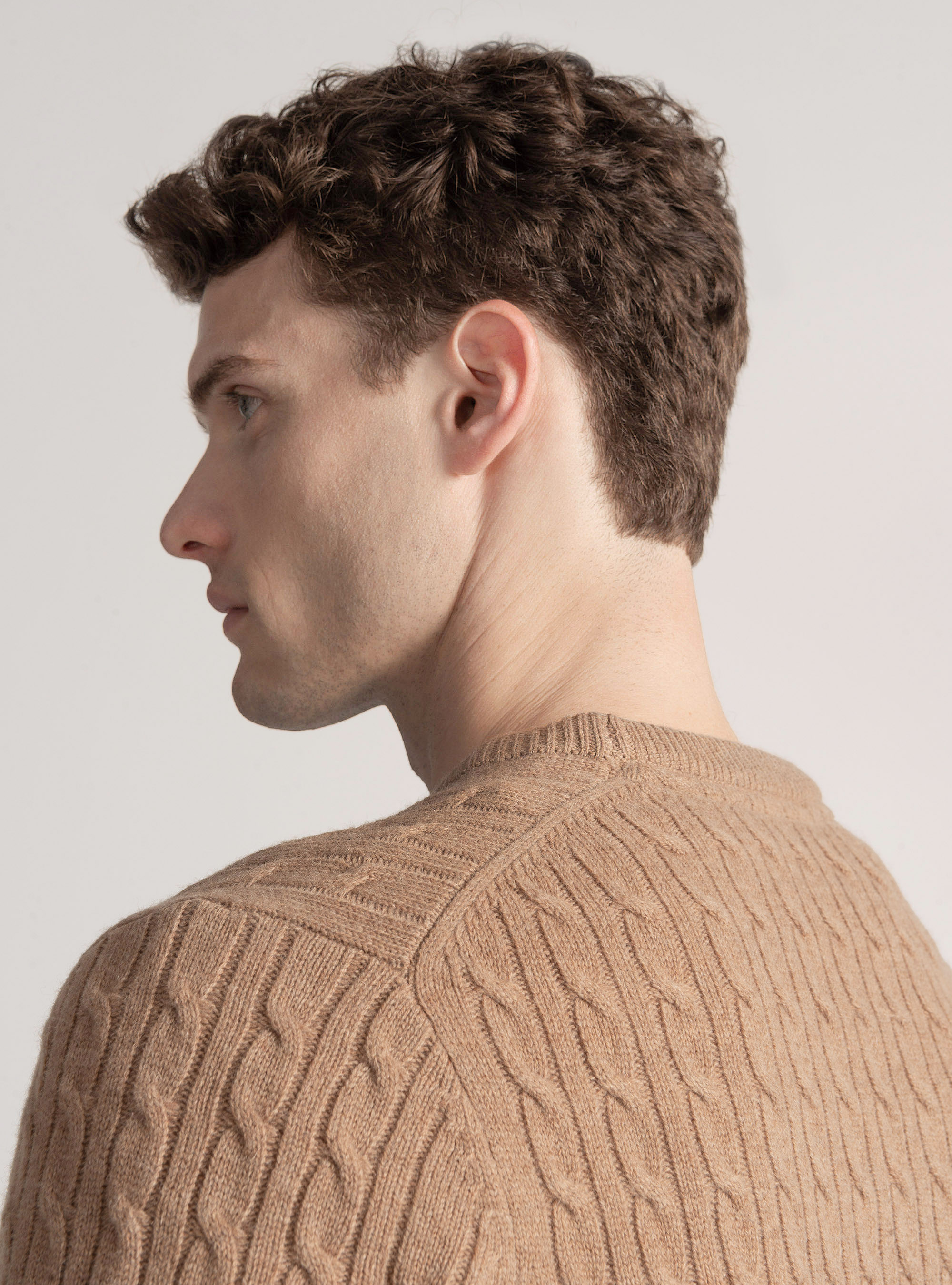 Maglia girocollo con treccia in lana e cashmere, CAMMELLO 0570C