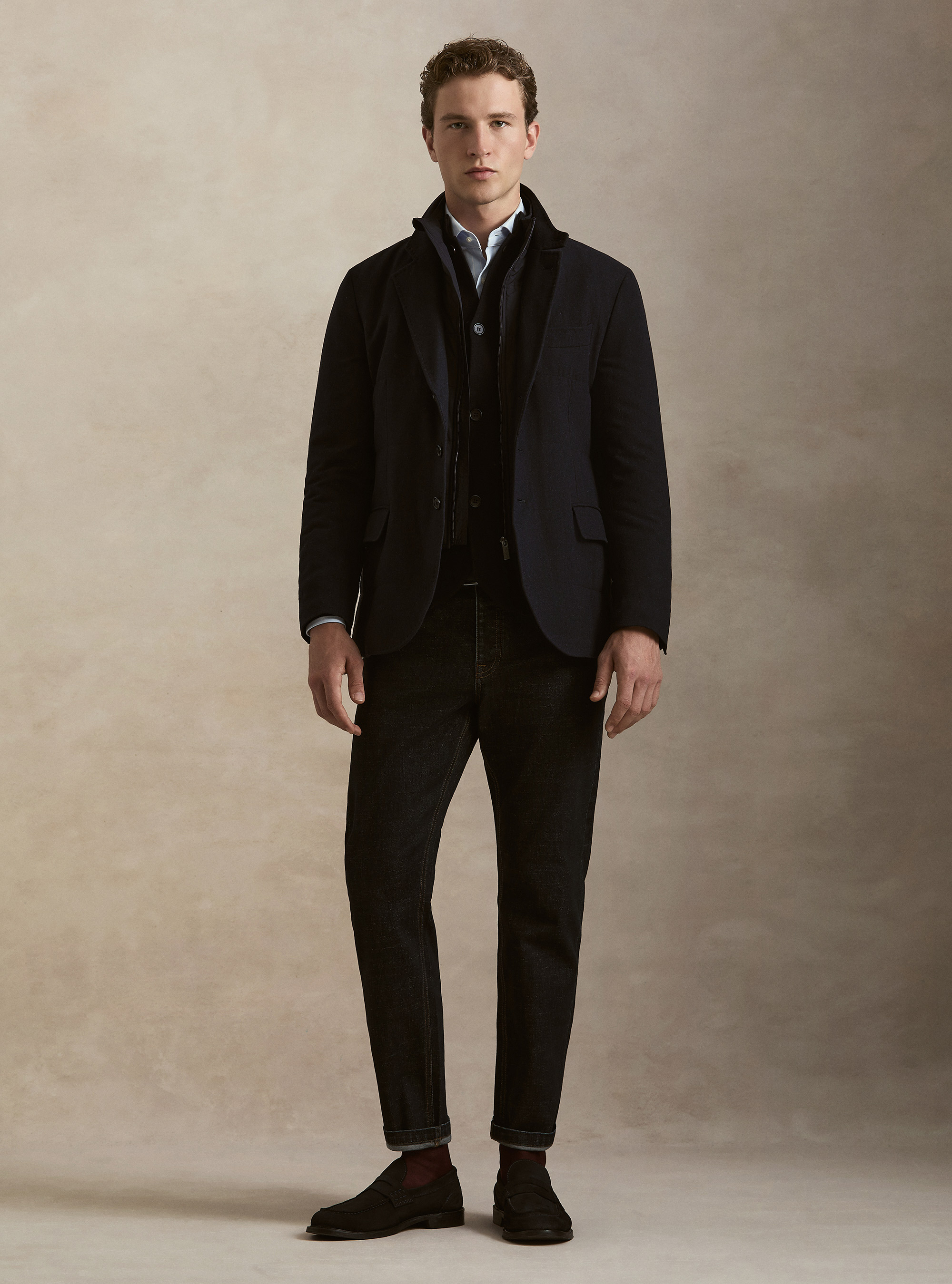 Giacca imbottita in flanella misto lana con pettorina, NAVY