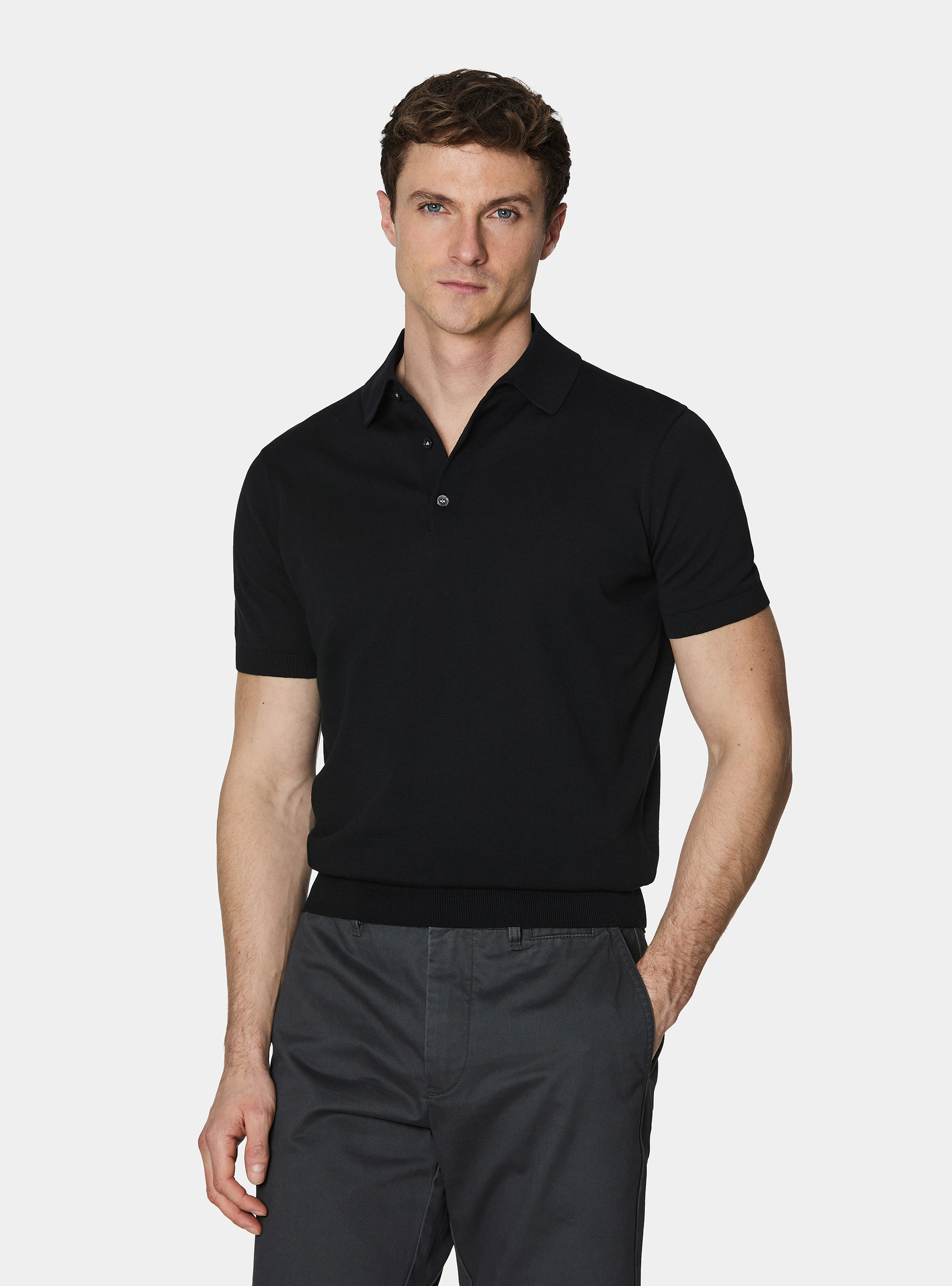 Polo de punto de algod&oacute;n extrafino, NEGRO