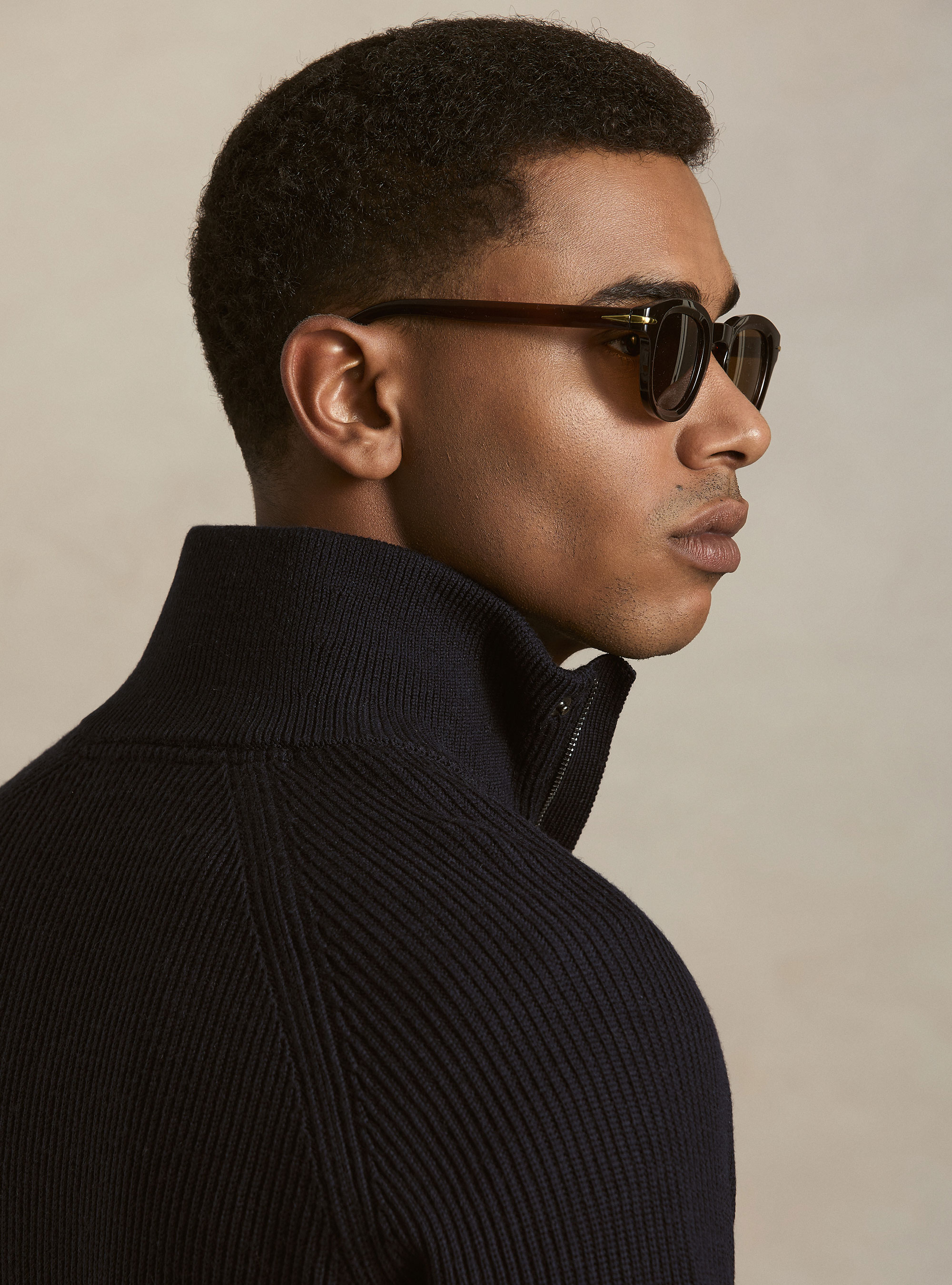 Half-zip ribbed wool and cotton sweater, NAVY BLUE