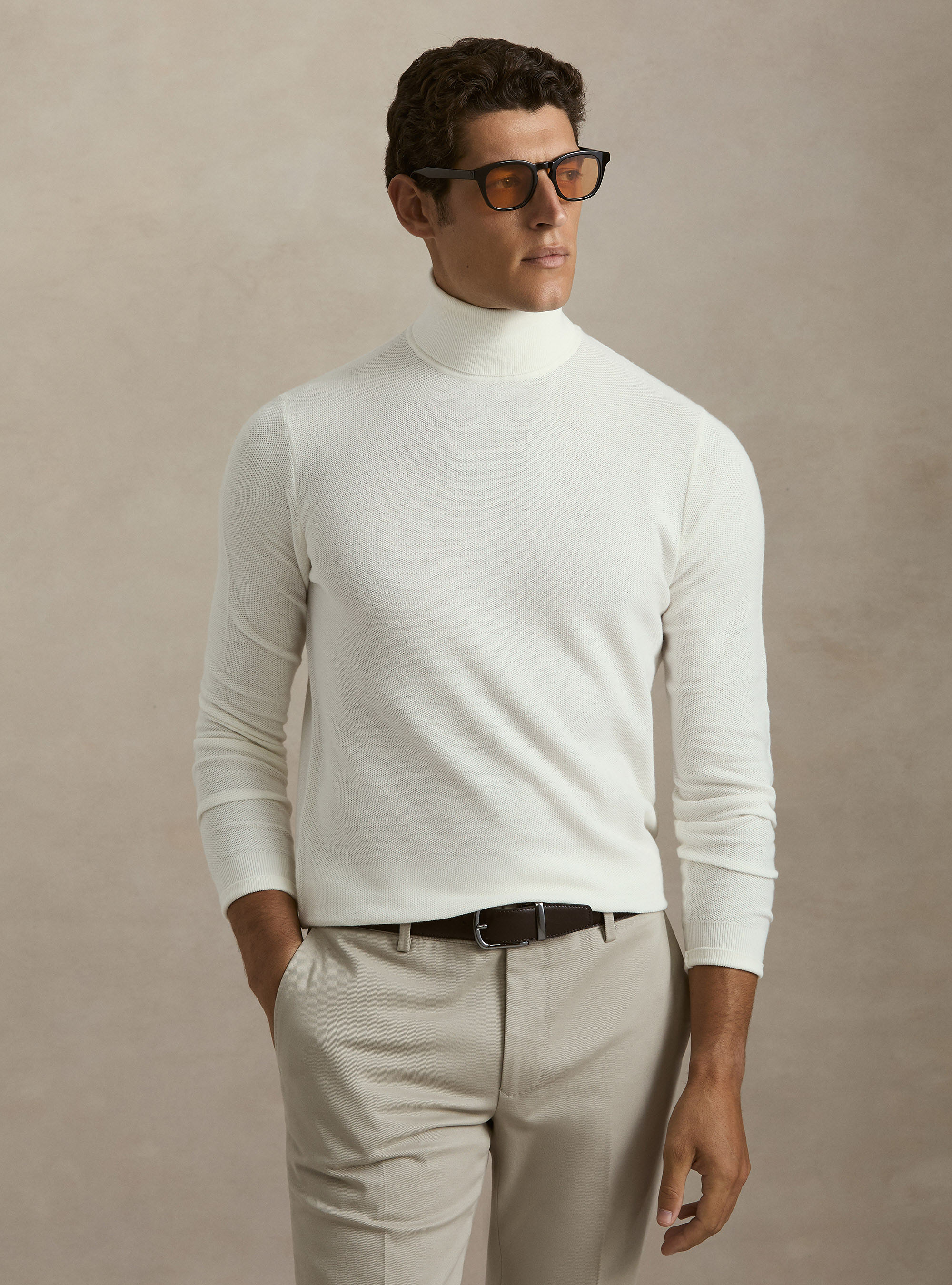 Waffelstrick-Rollkragenpullover, BIANCO 0099C
