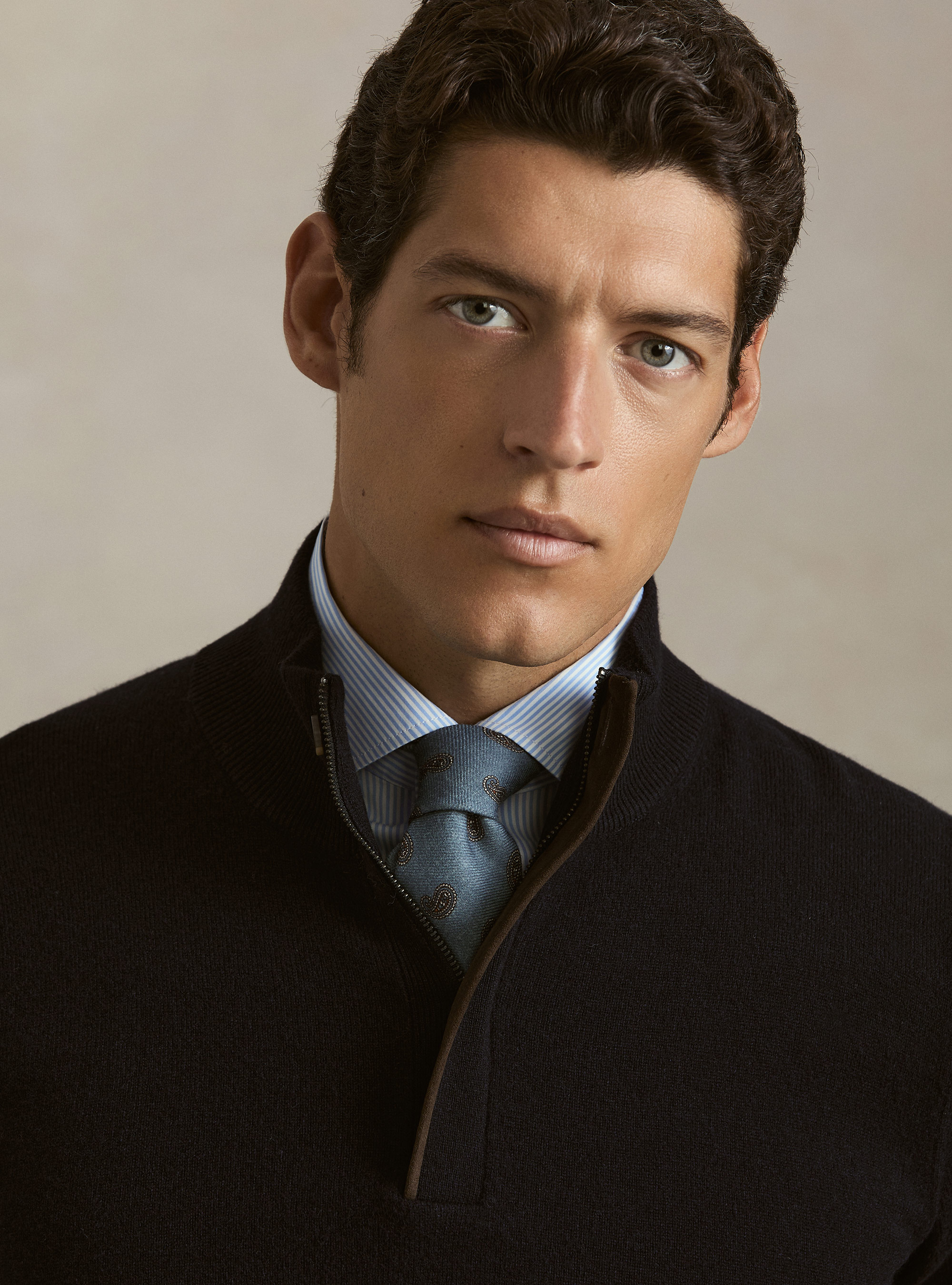 Pull demi-zip en lambswool et cachemire, BLEU MARINE