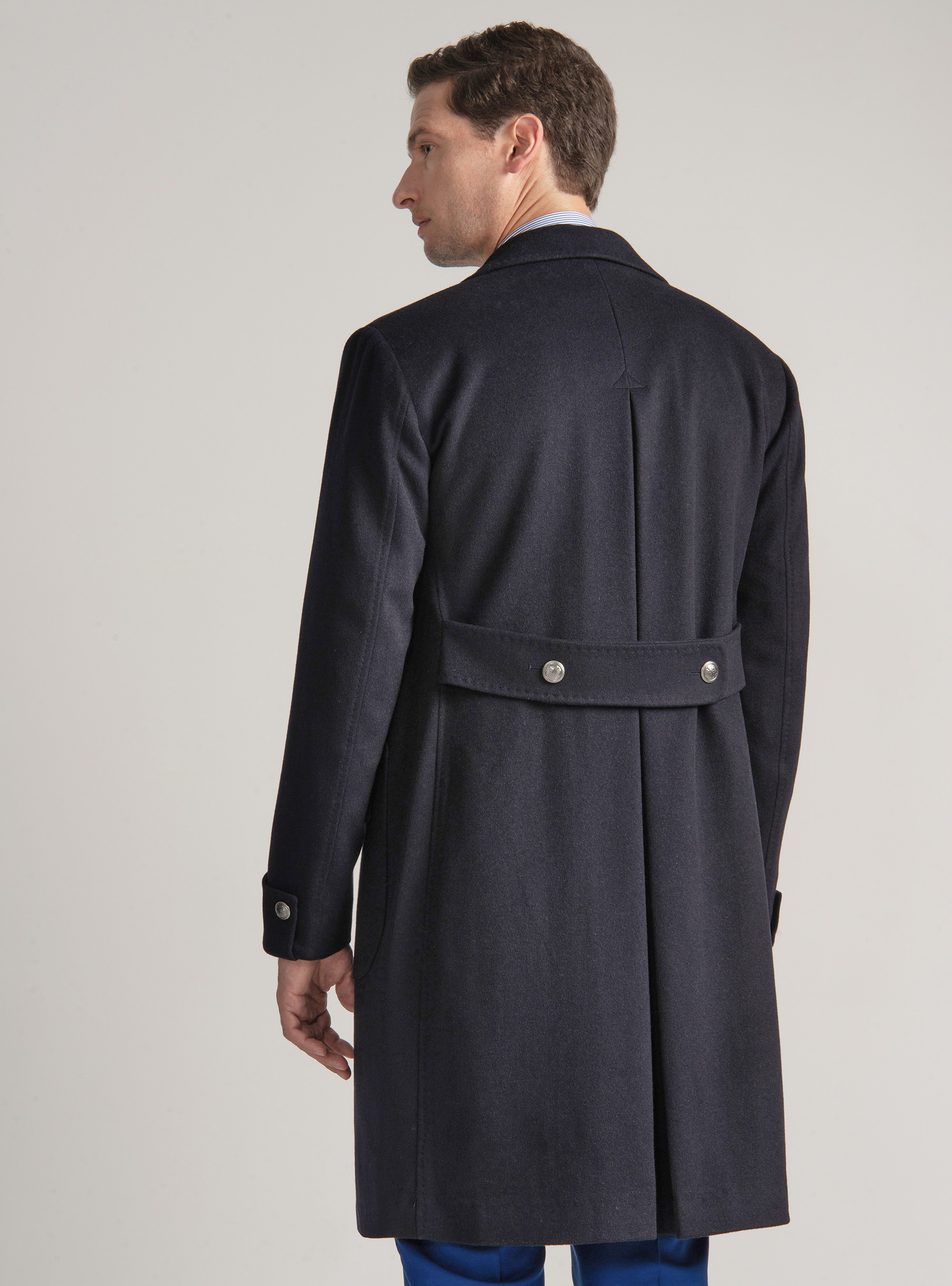 Cashmere wool double-breasted coat with metal button, NAVY BLUE
