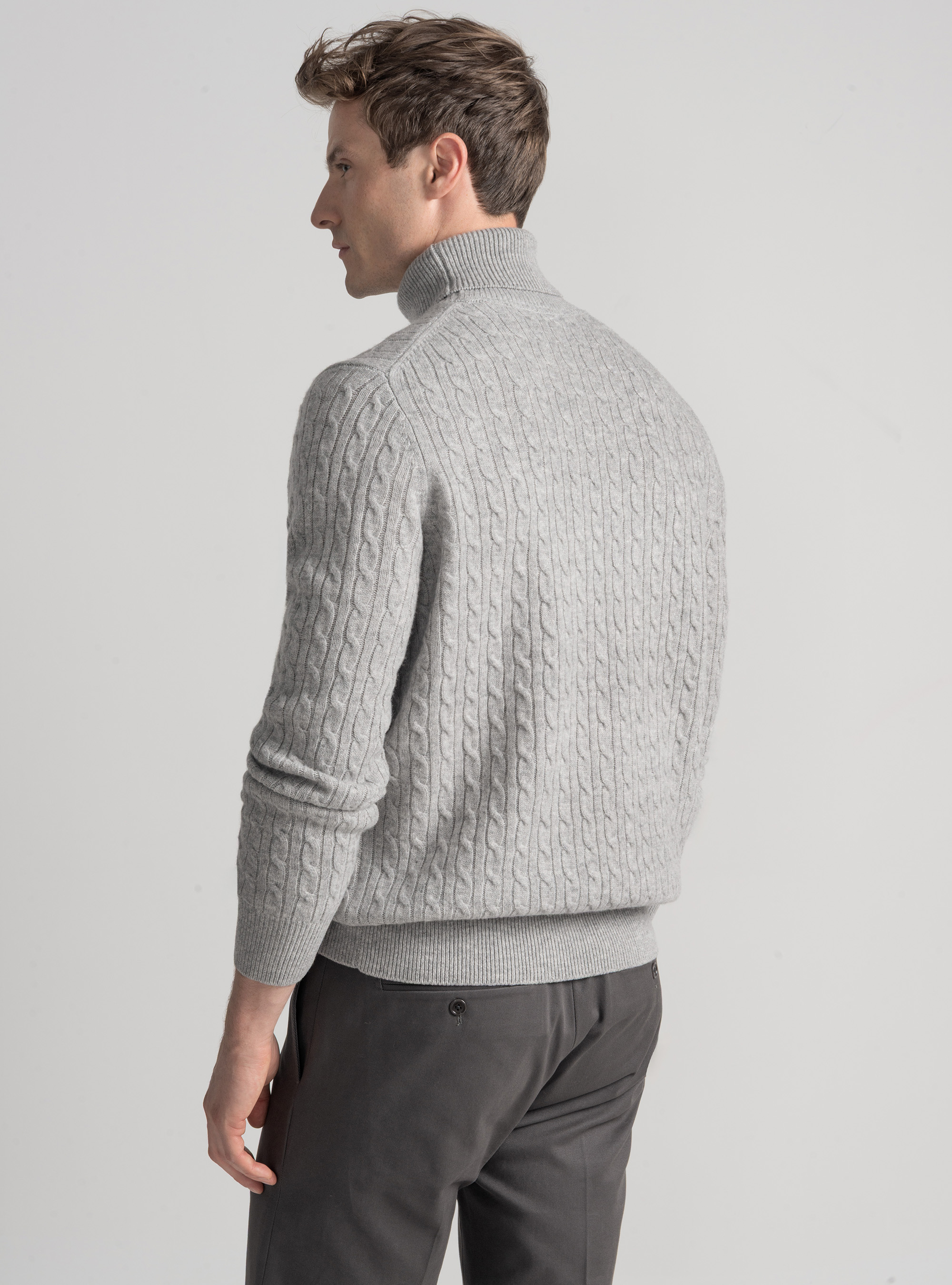 Maglia collo alto con treccia in lana cashmere, GRIGIO CHIARO MELANGE