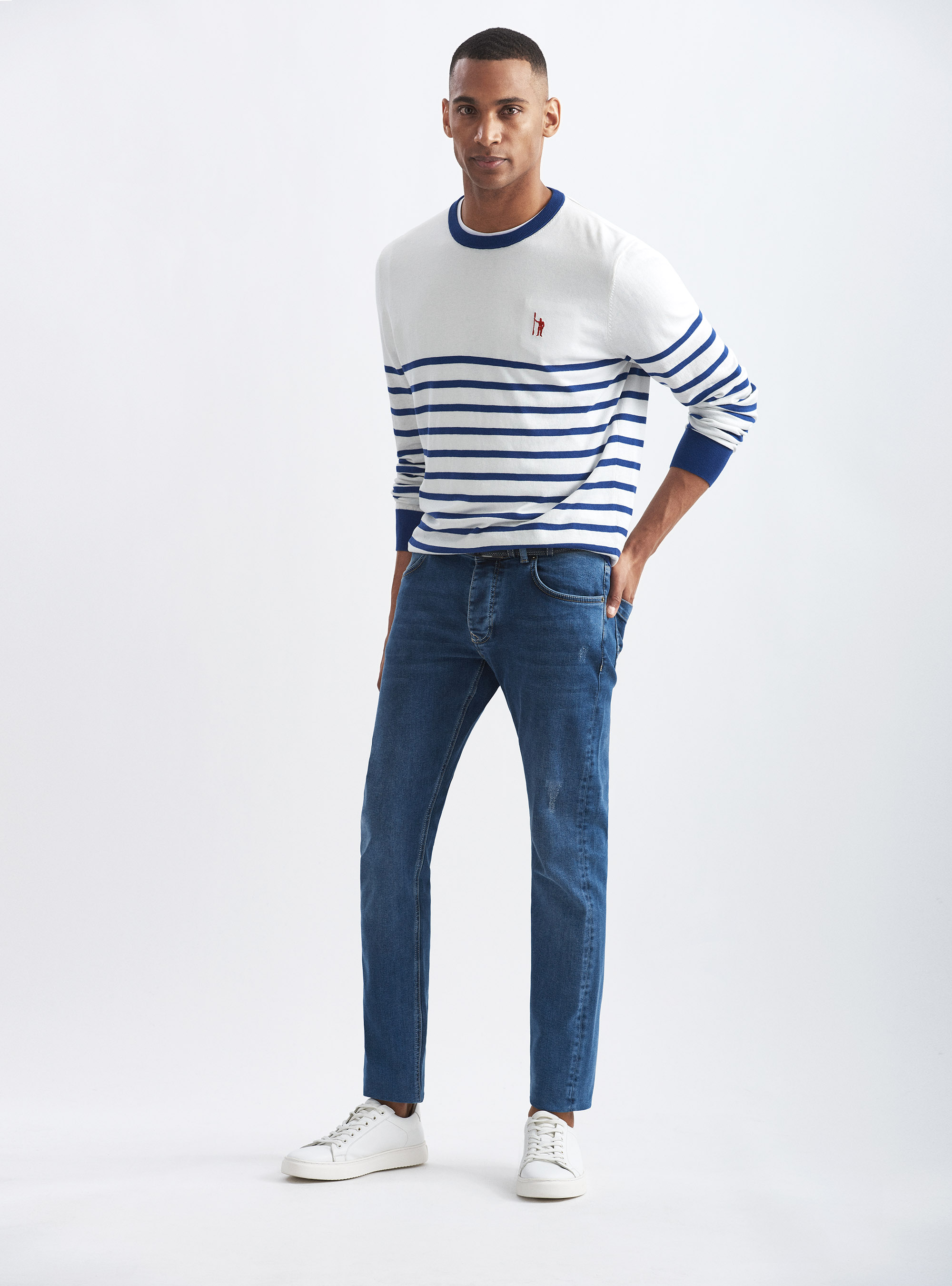 Jersey de seda y algod&oacute;n a rayas con cuello redondo, BLANCO