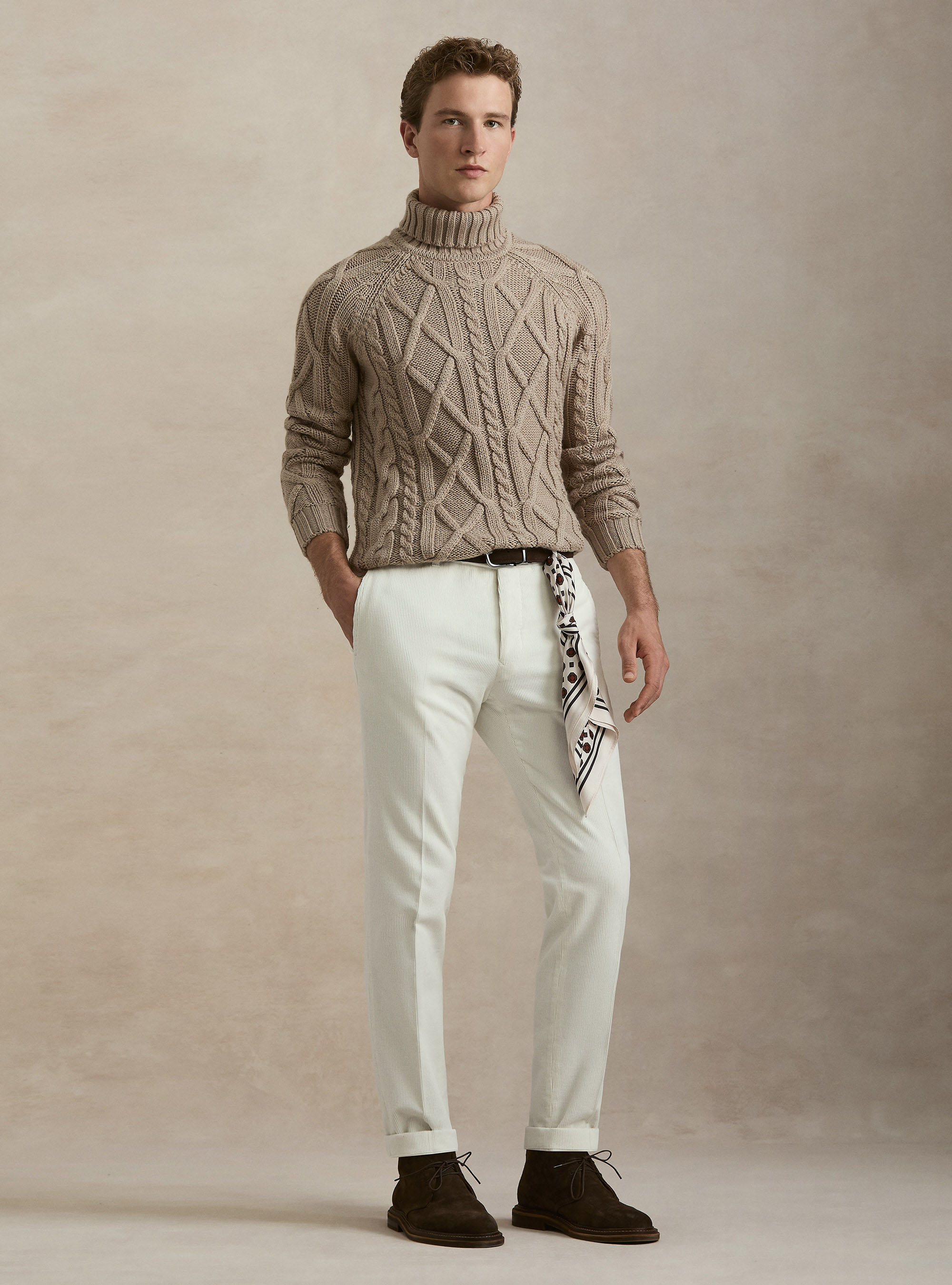 Cable Knit Wool Blend Turtleneck, SAND