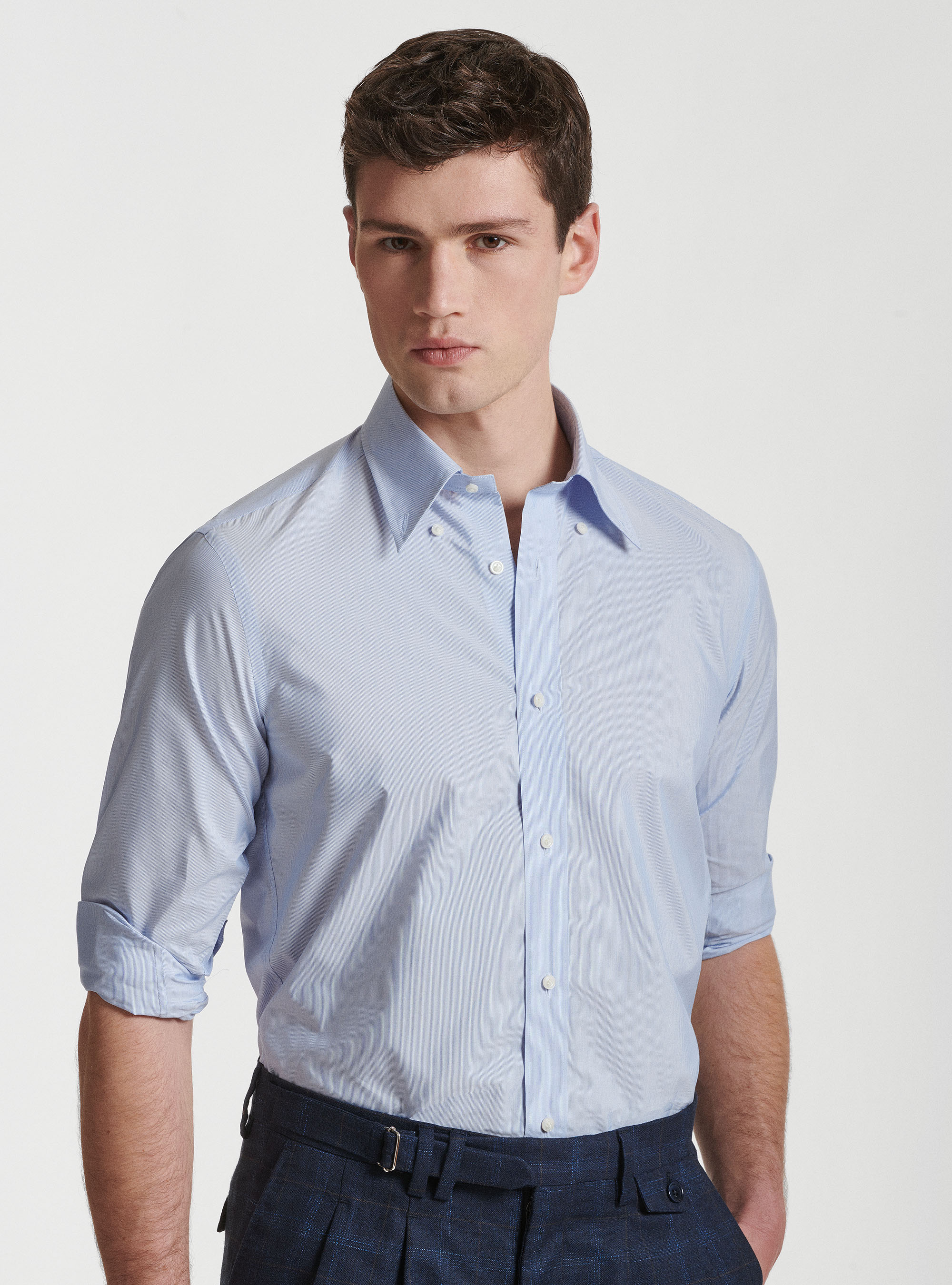 Camicia collo button down in misto cotone, AZZURRO