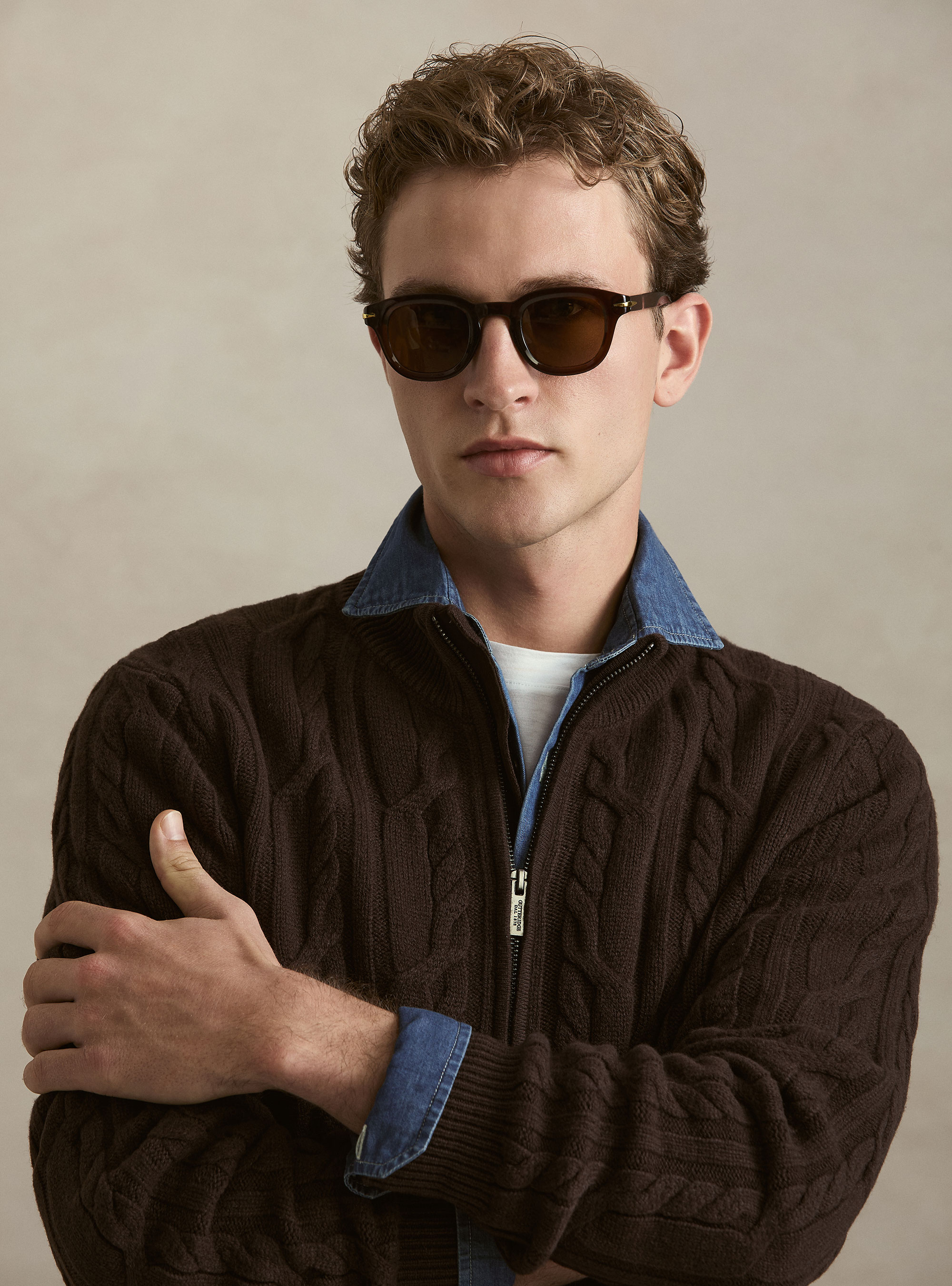 Cardigan a treccia in lana e cashmere, MARRONE