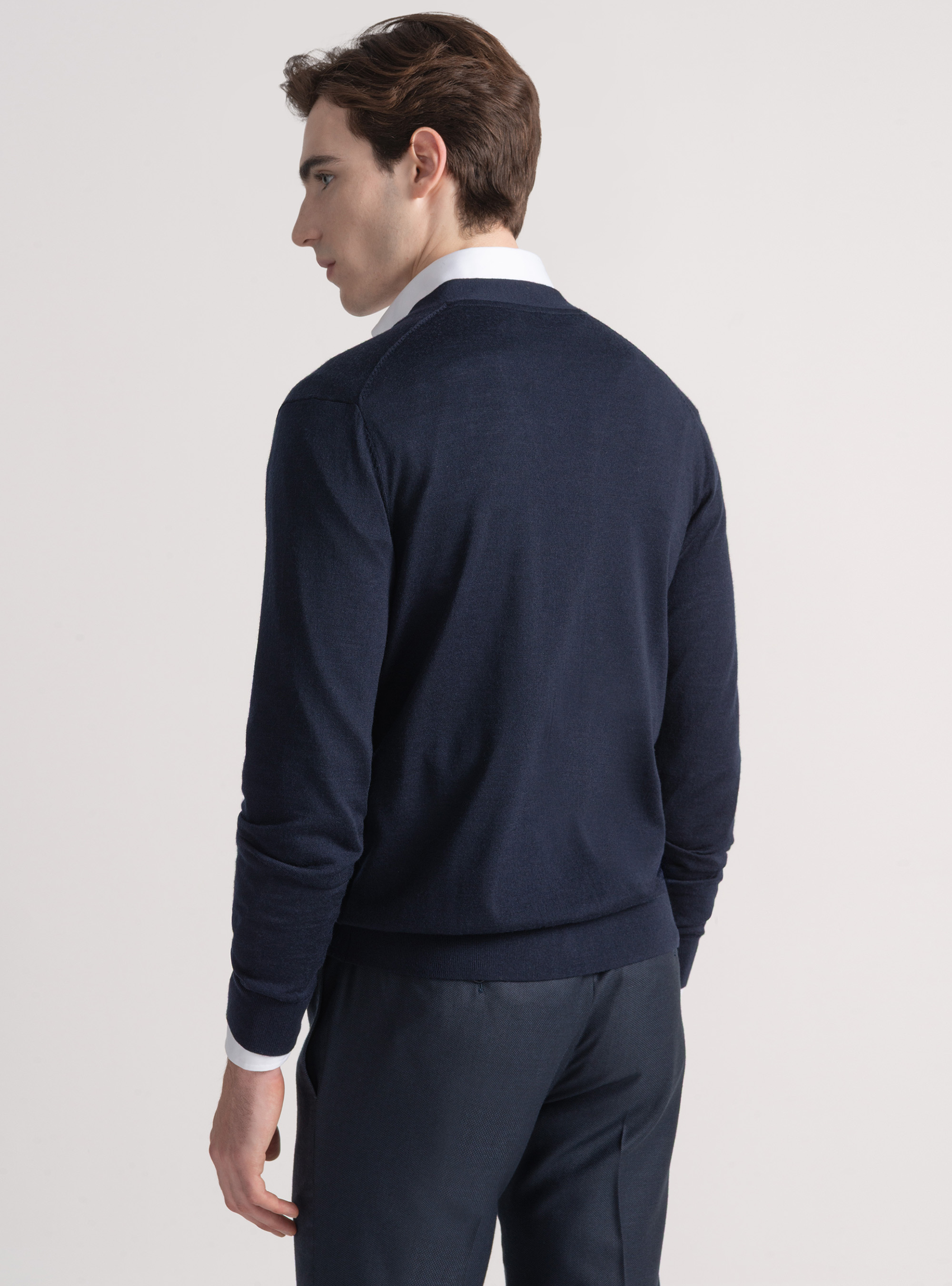Knitted cardigan with buttons in extra-fine merino wool, NAVY BLUE