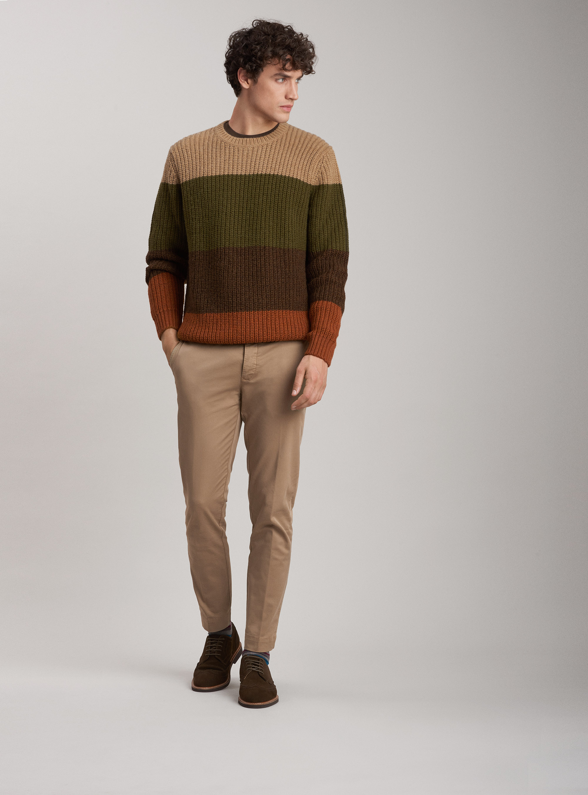 Wool striped round neck pullover, SAND