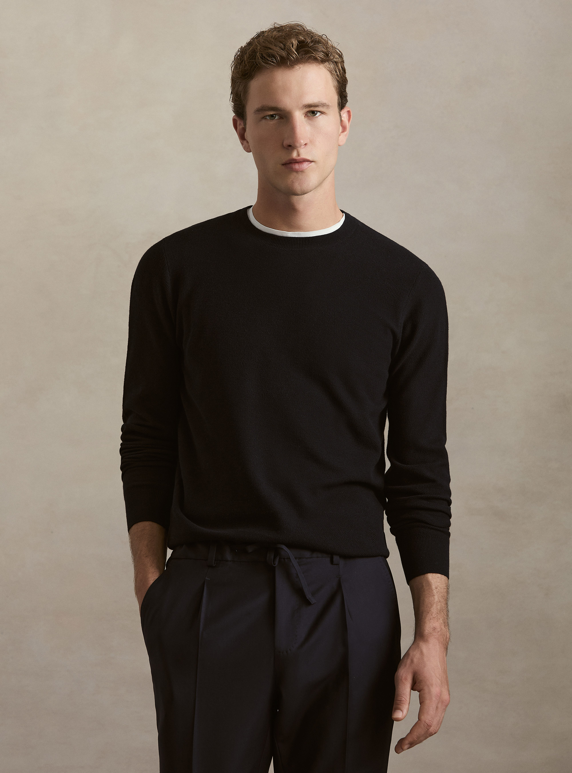 Cotton-cashmere crewneck sweater in honeycomb stitch, NAVY BLUE