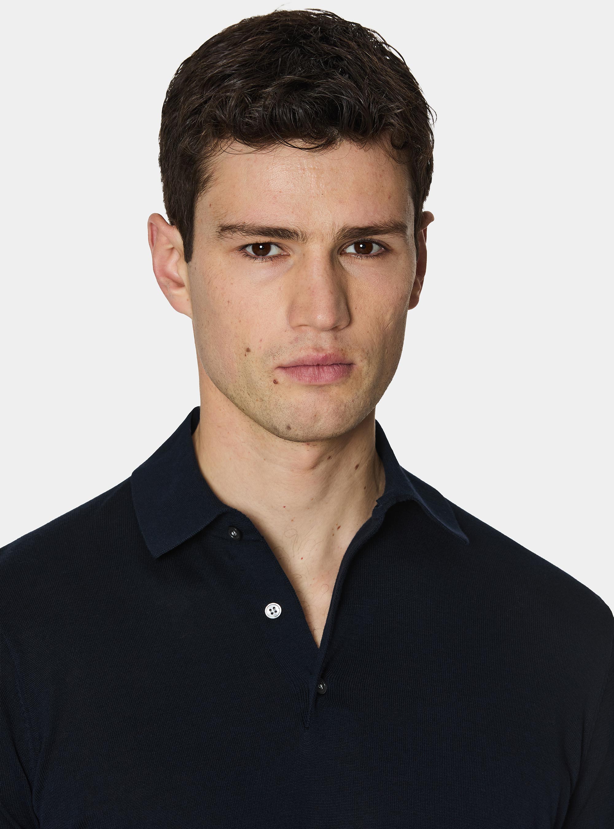 Extra-fine cotton knit polo shirt, NAVY BLUE