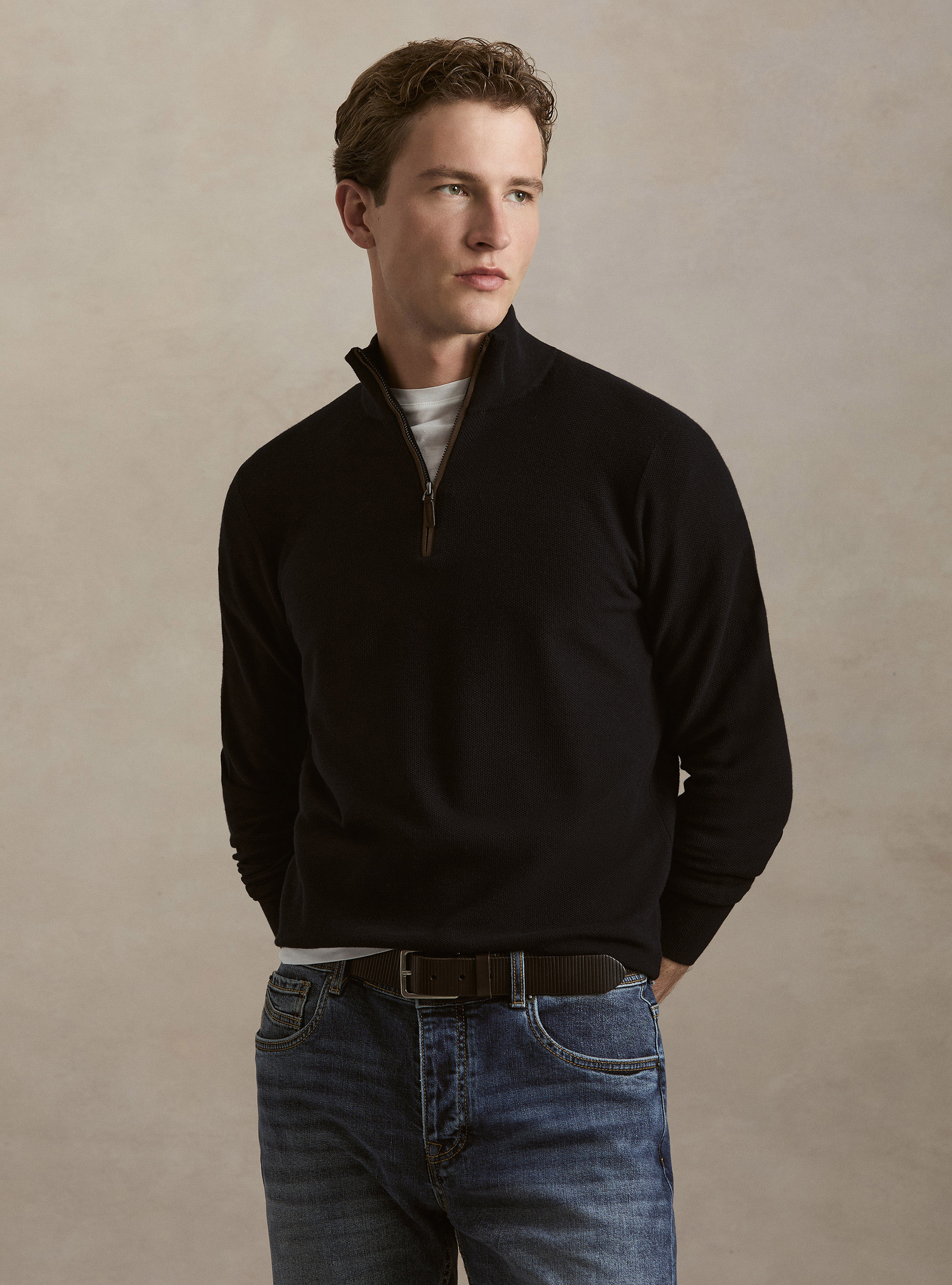 Half-Zip-Pullover aus Baumwolle und Kaschmir mit Wabenstruktur, NAVY 0218C