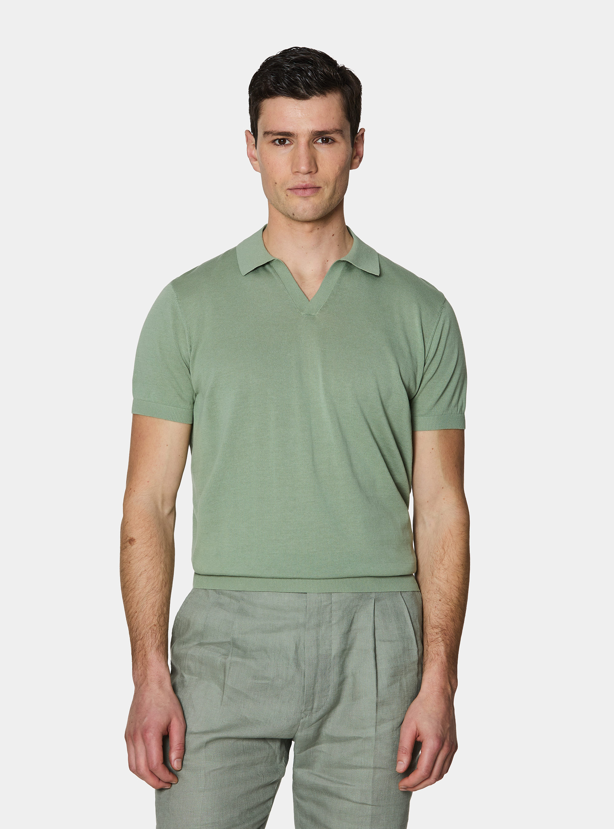 Buttonless knitted polo shirt in extra-fine cotton, SALVIA 0602C