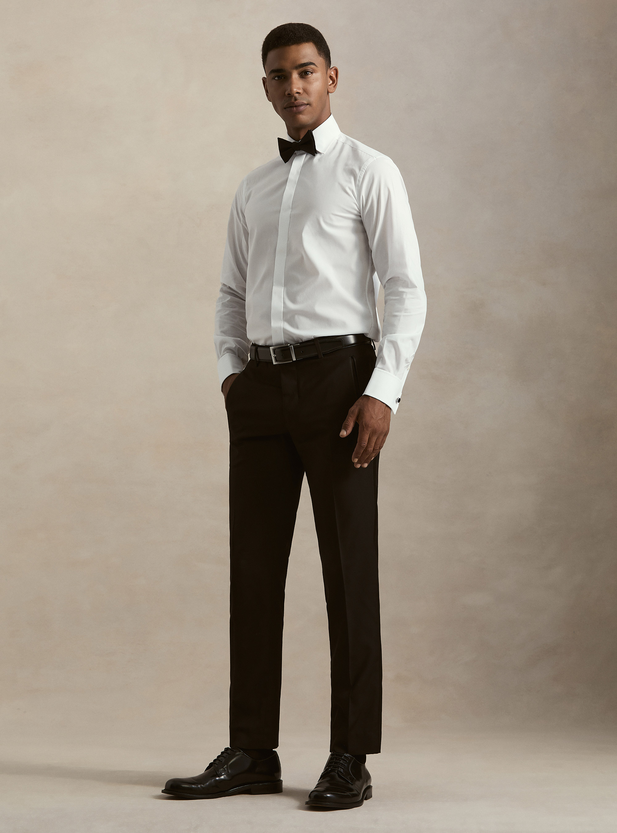 Camicia smoking in popeline con polso gemelli, BIANCO