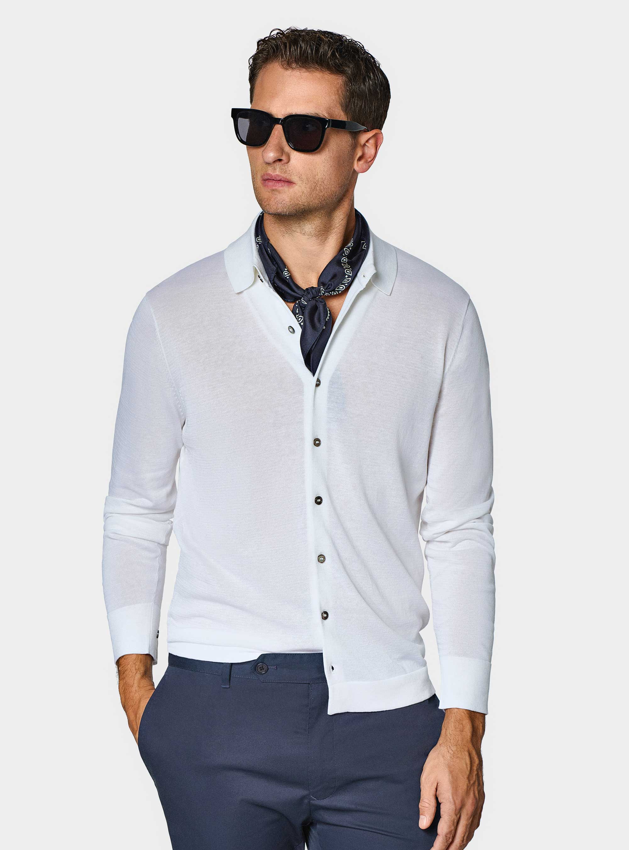 Cotton and silk knit polo shirt, WHITE