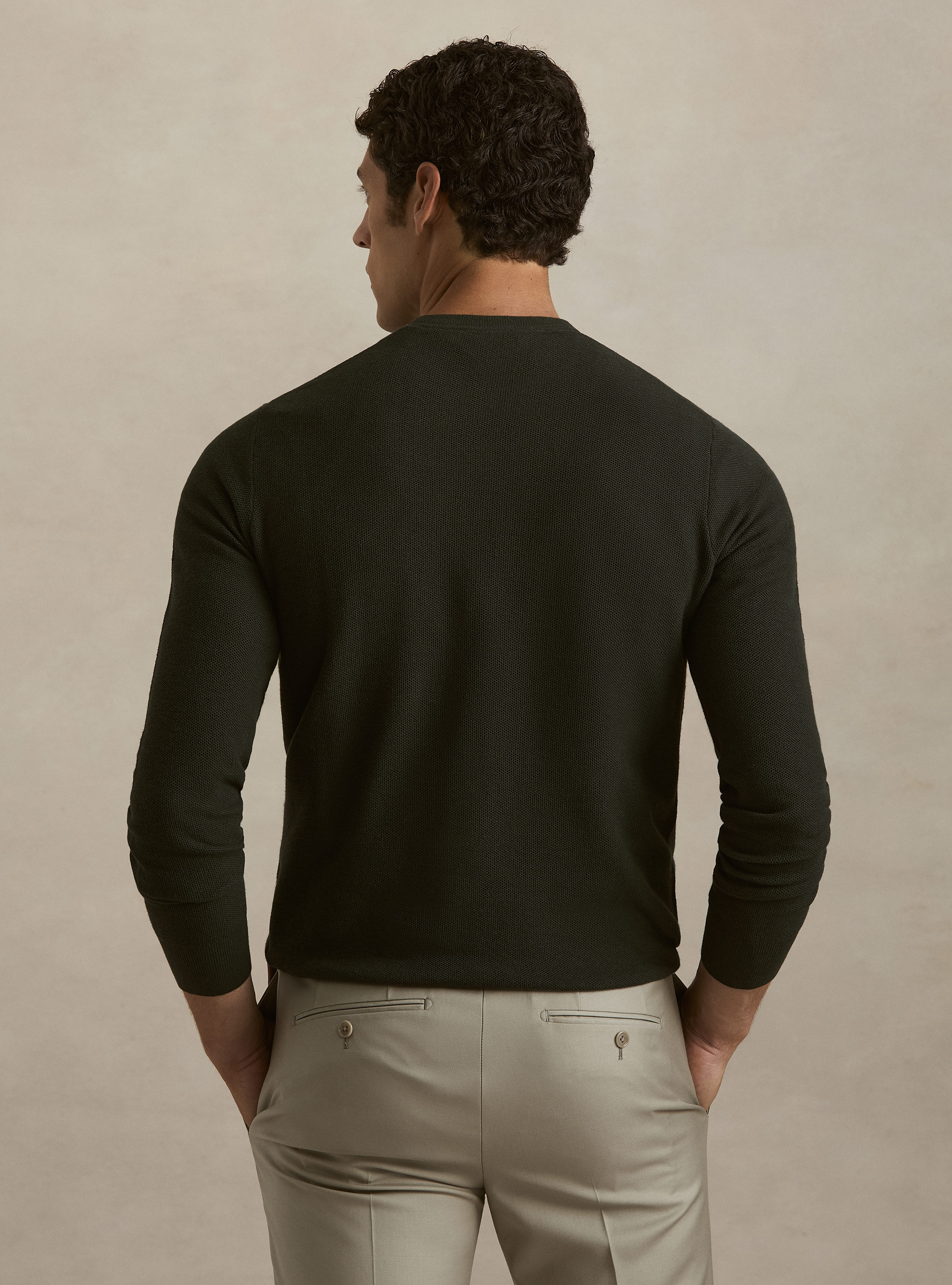 Pull col rond en coton et cachemire maille nid d'abeille, MILITARE 0609C