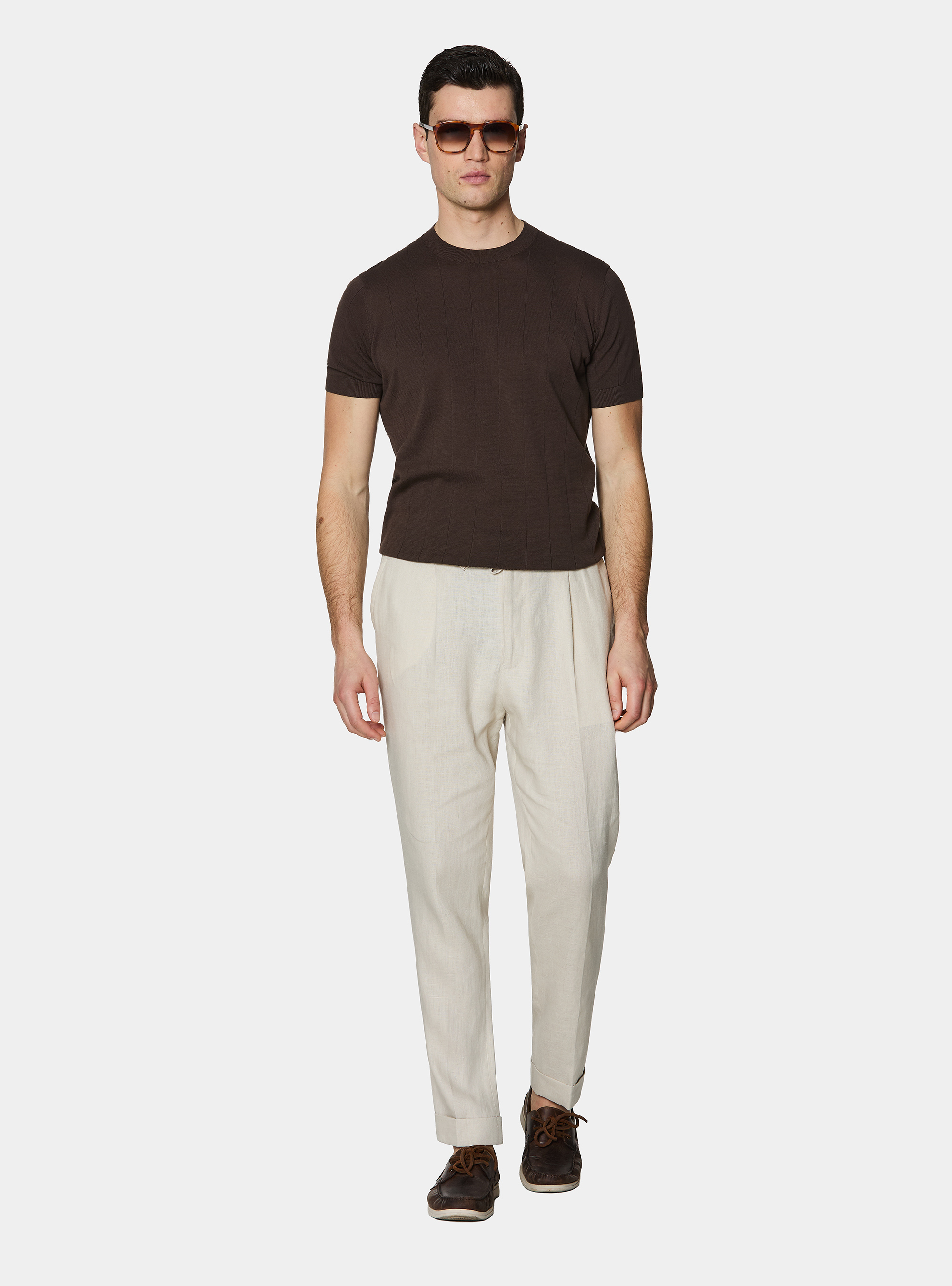 Pure linen trousers with pleat and drawstring, ECRU