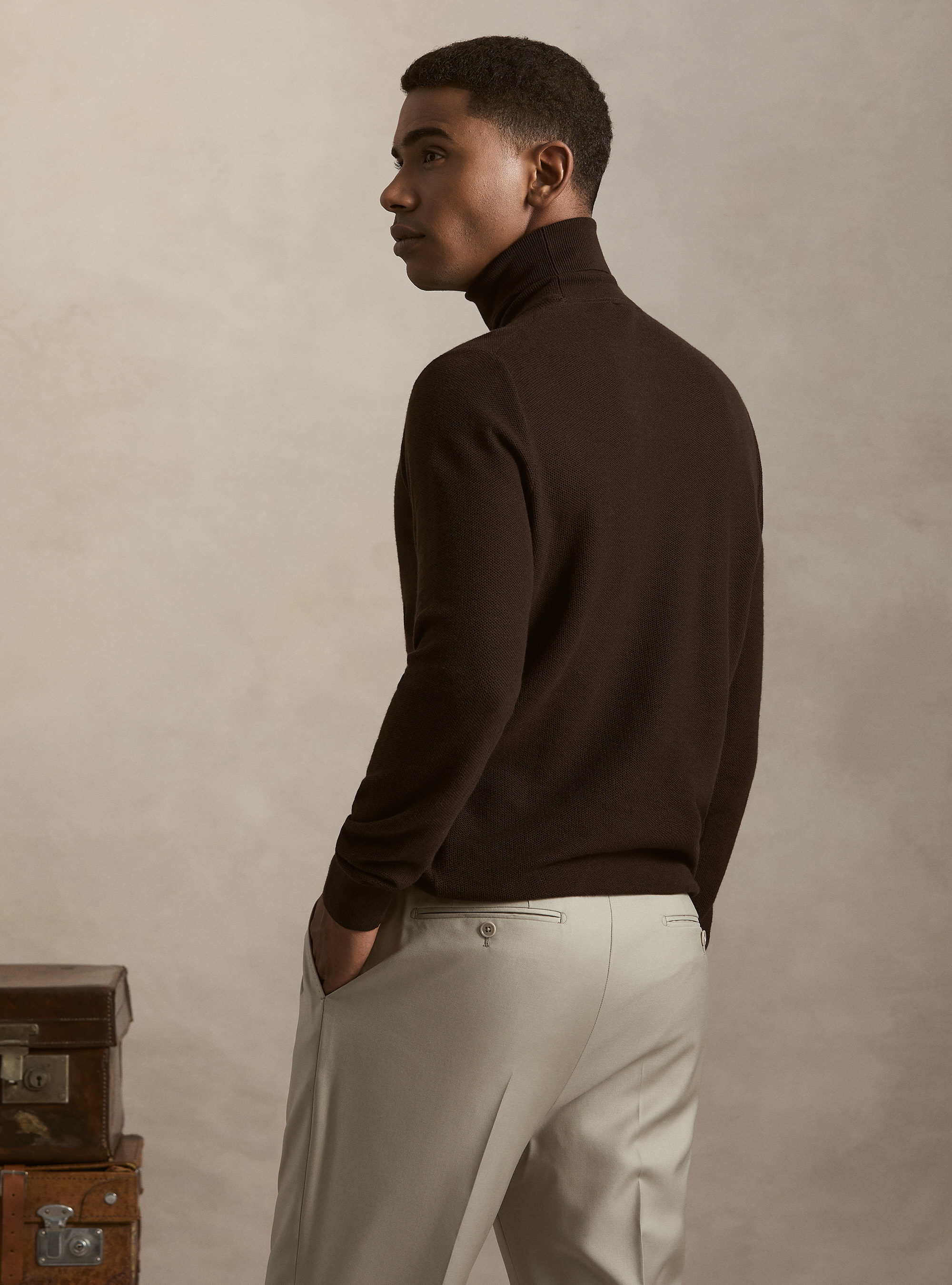 Waffelstrick-Rollkragenpullover, MARRONE 0507C