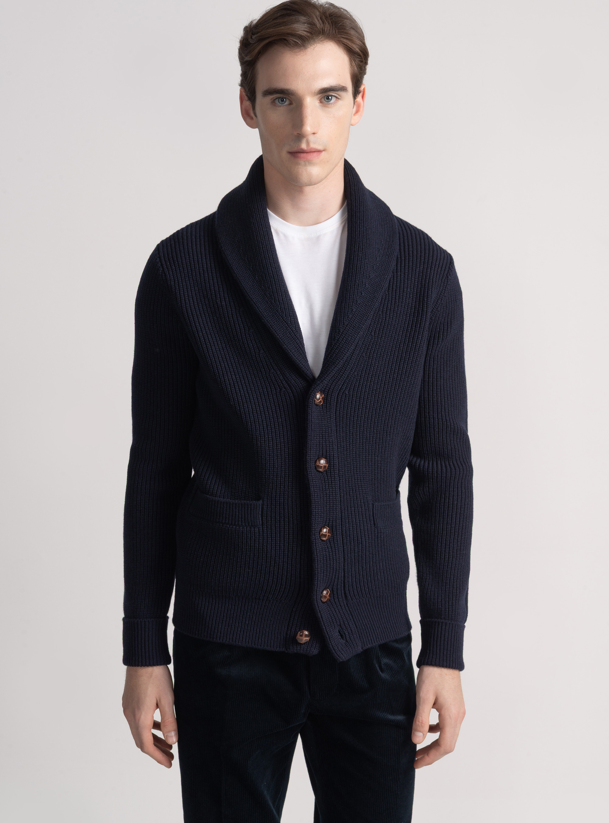 Cardigan in maglia sciallata in lana merino, BLU NAVY