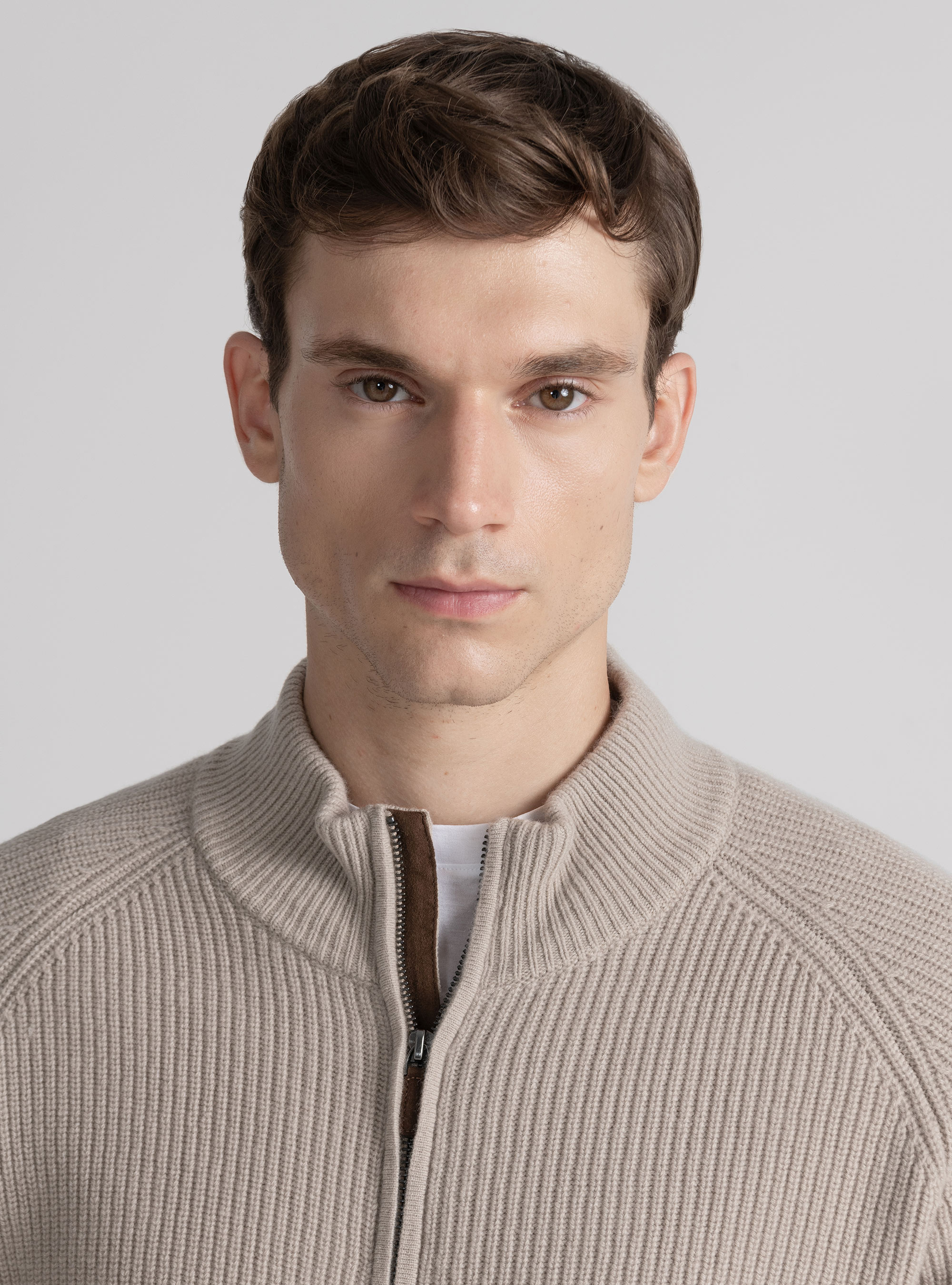 Merino wool raglan knitted zip cardigan, SAND