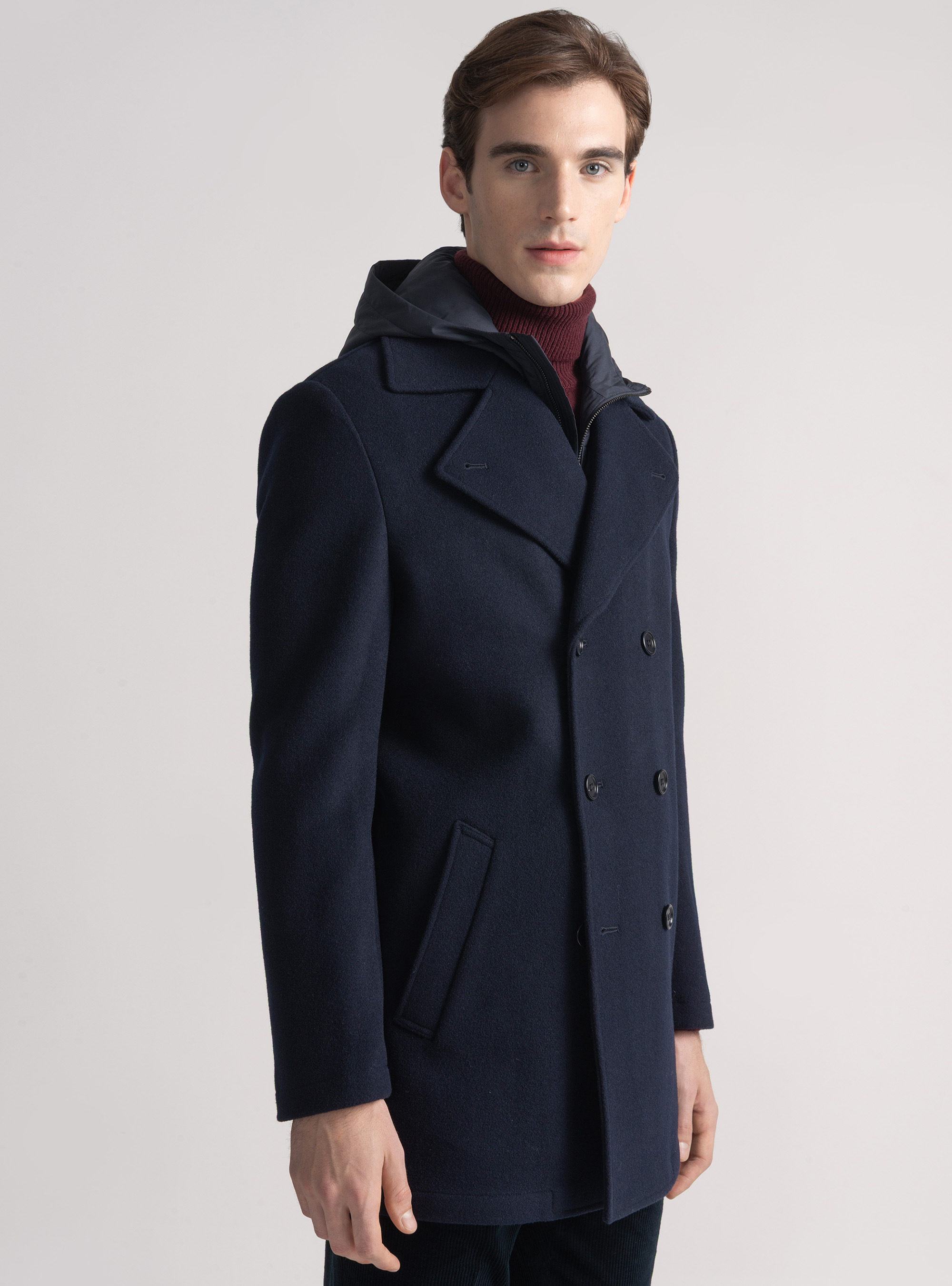 Peacoat in misto lana con e cappuccio, BLU NAVY