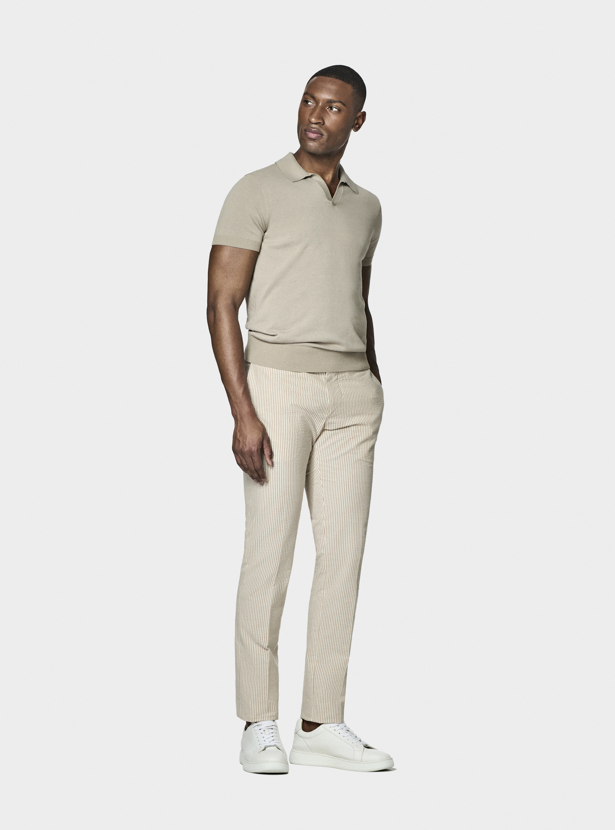 Pantalon seersucker en coton m&eacute;lang&eacute; ray&eacute;, SABLE