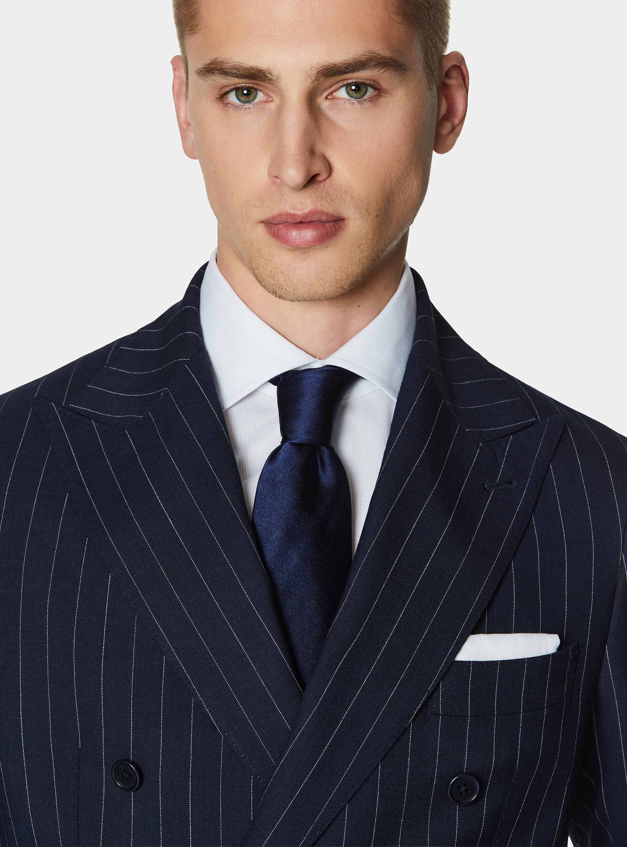 Double-breasted pinstriped wool suit blazer, NAVY BLUE