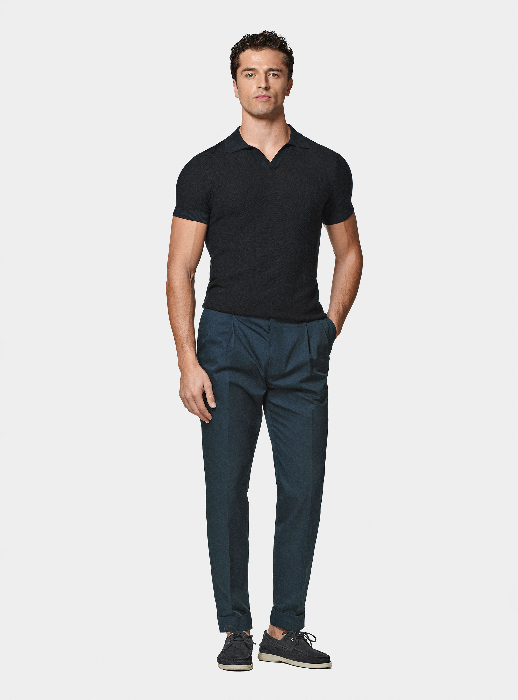 Pantaloni con pince in cotone popeline, BLU NAVY