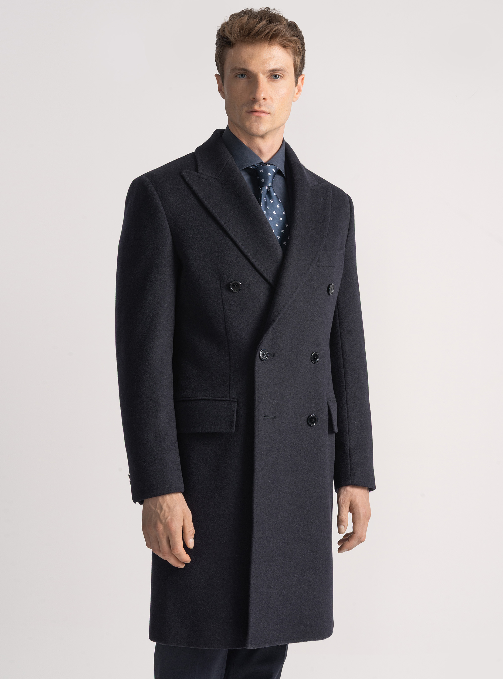 Wool and cashmere double-breasted coat, NAVY BLUE