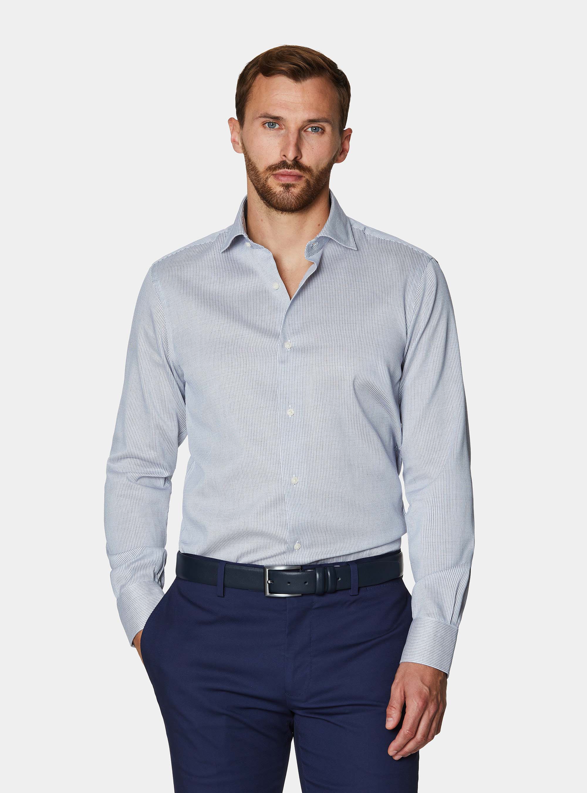 Camisa de algod&oacute;n con estampado de microcuadros, AZUL MEDIO