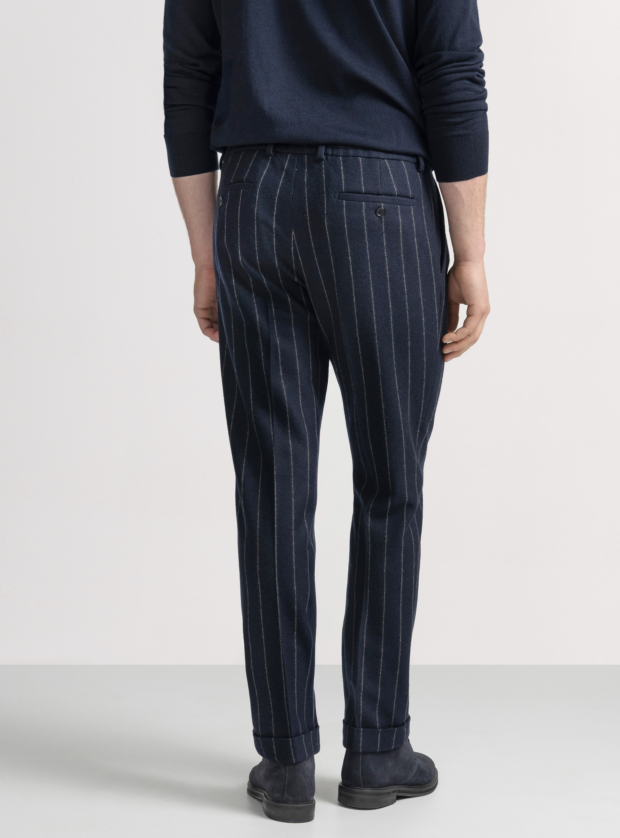 Pinstripe jersey double-breasted suit trousers, NAVY BLUE