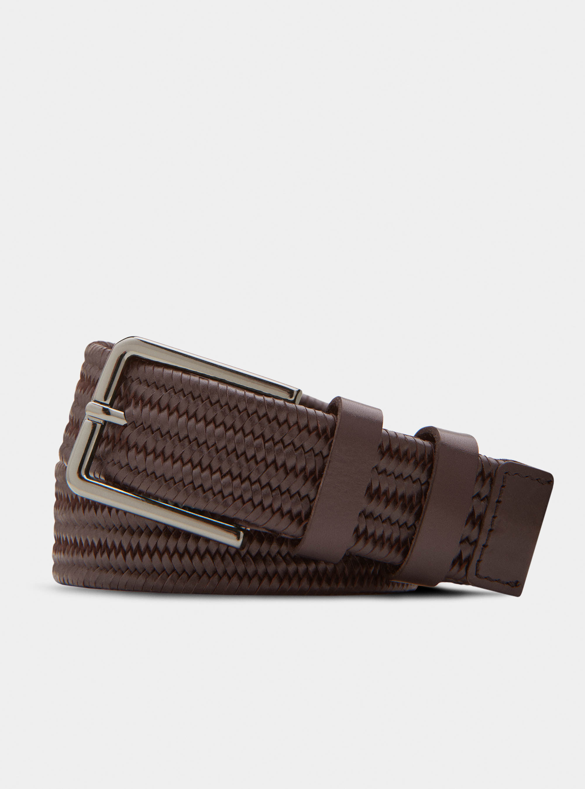 Cintura in pelle intrecciata stretch, MARRONE