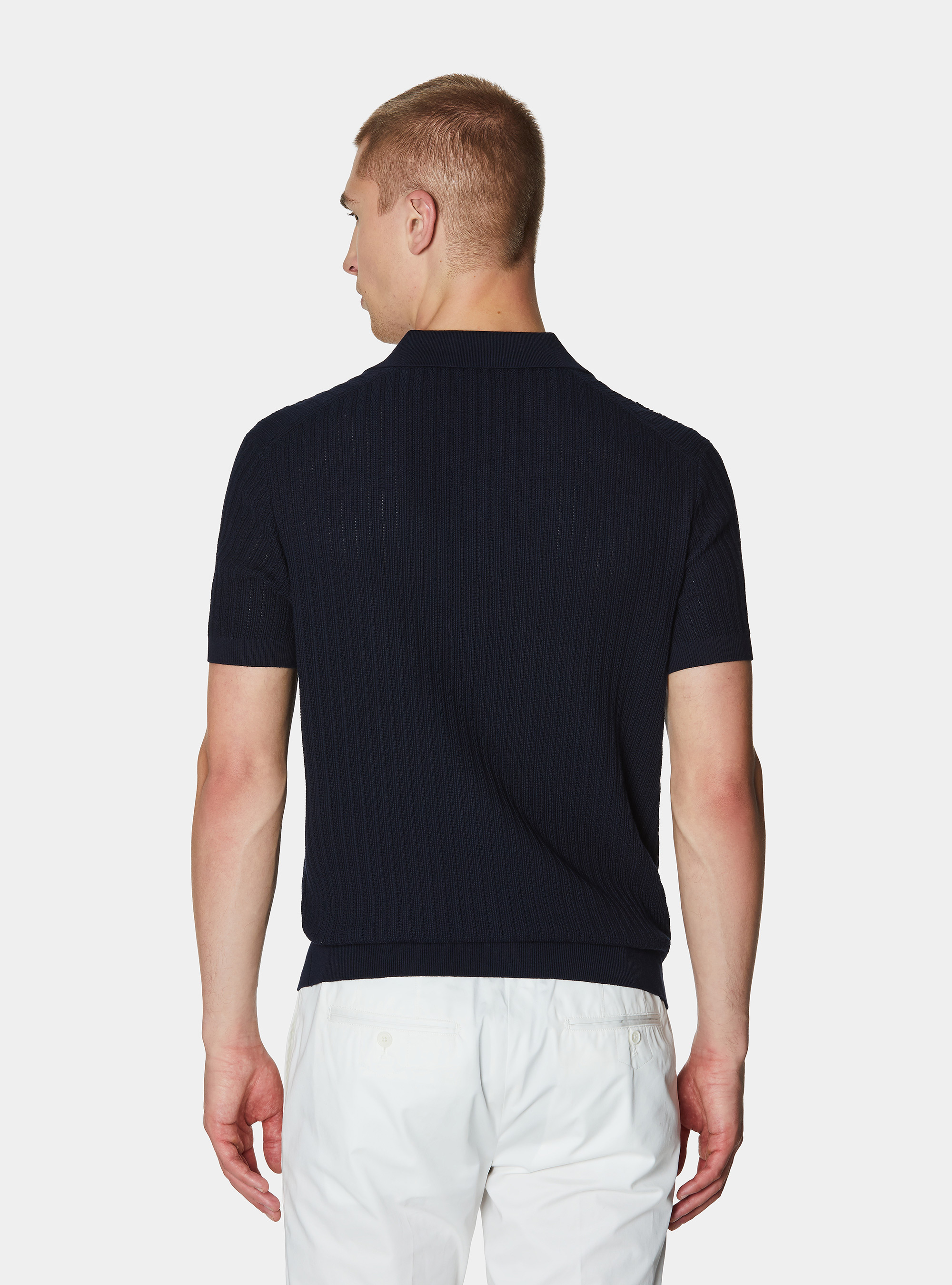 Polo de punto perforado sin botones en algod&oacute;n extrafino, AZUL MARINO