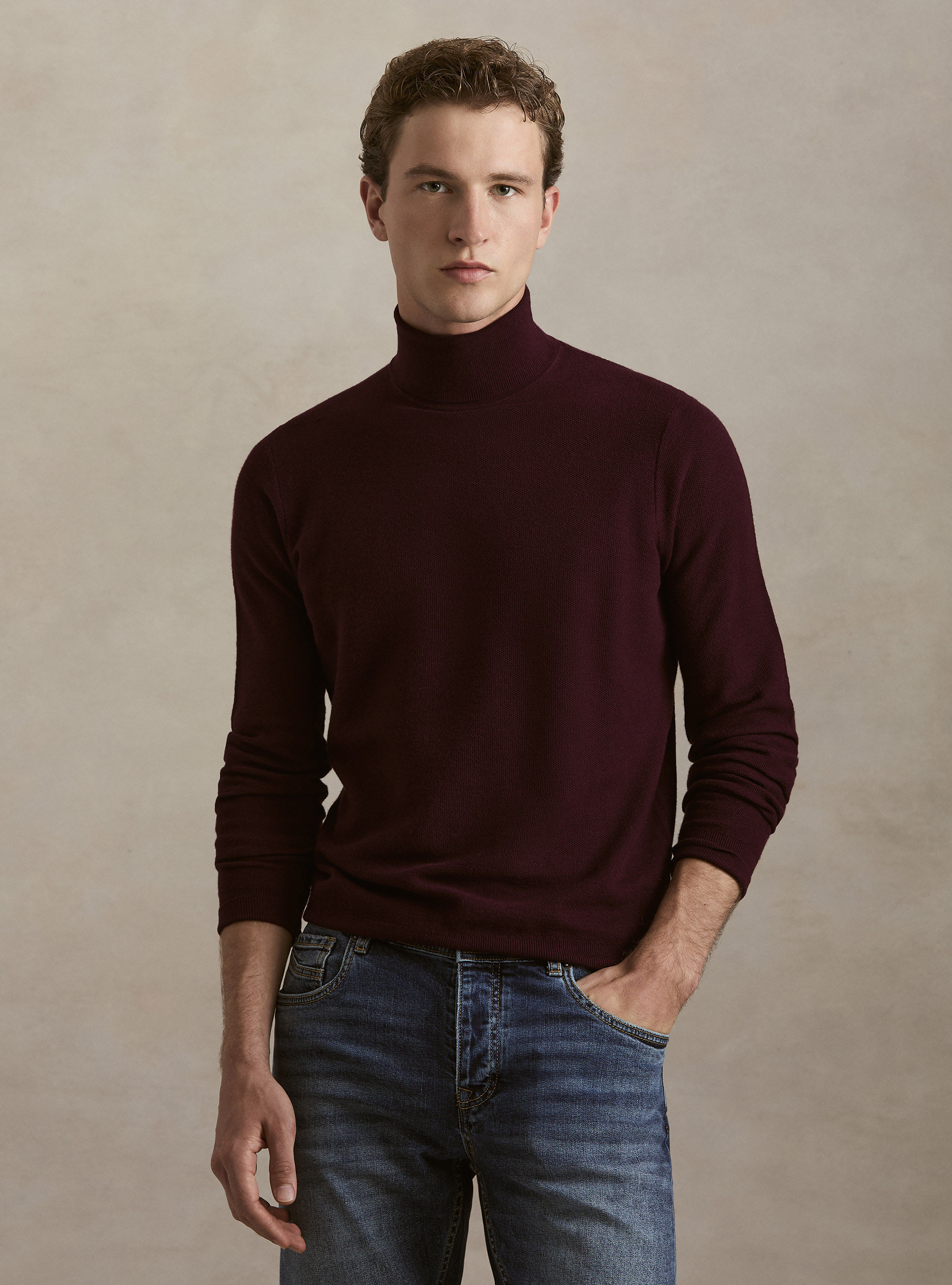 Waffelstrick-Rollkragenpullover, BORDEAUX 0311C