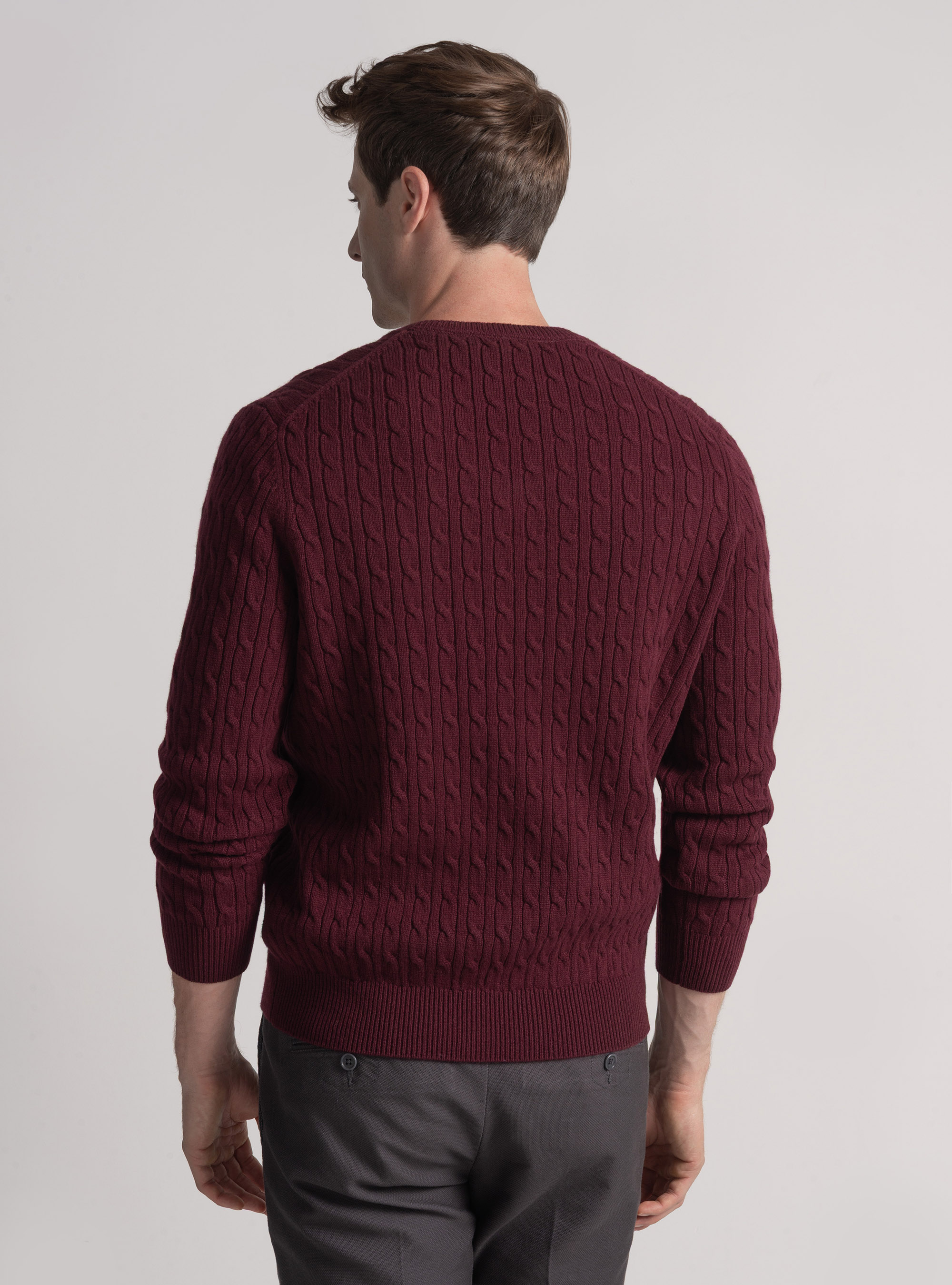 Merino wool V-neck sweater with braid, BORDEAUX