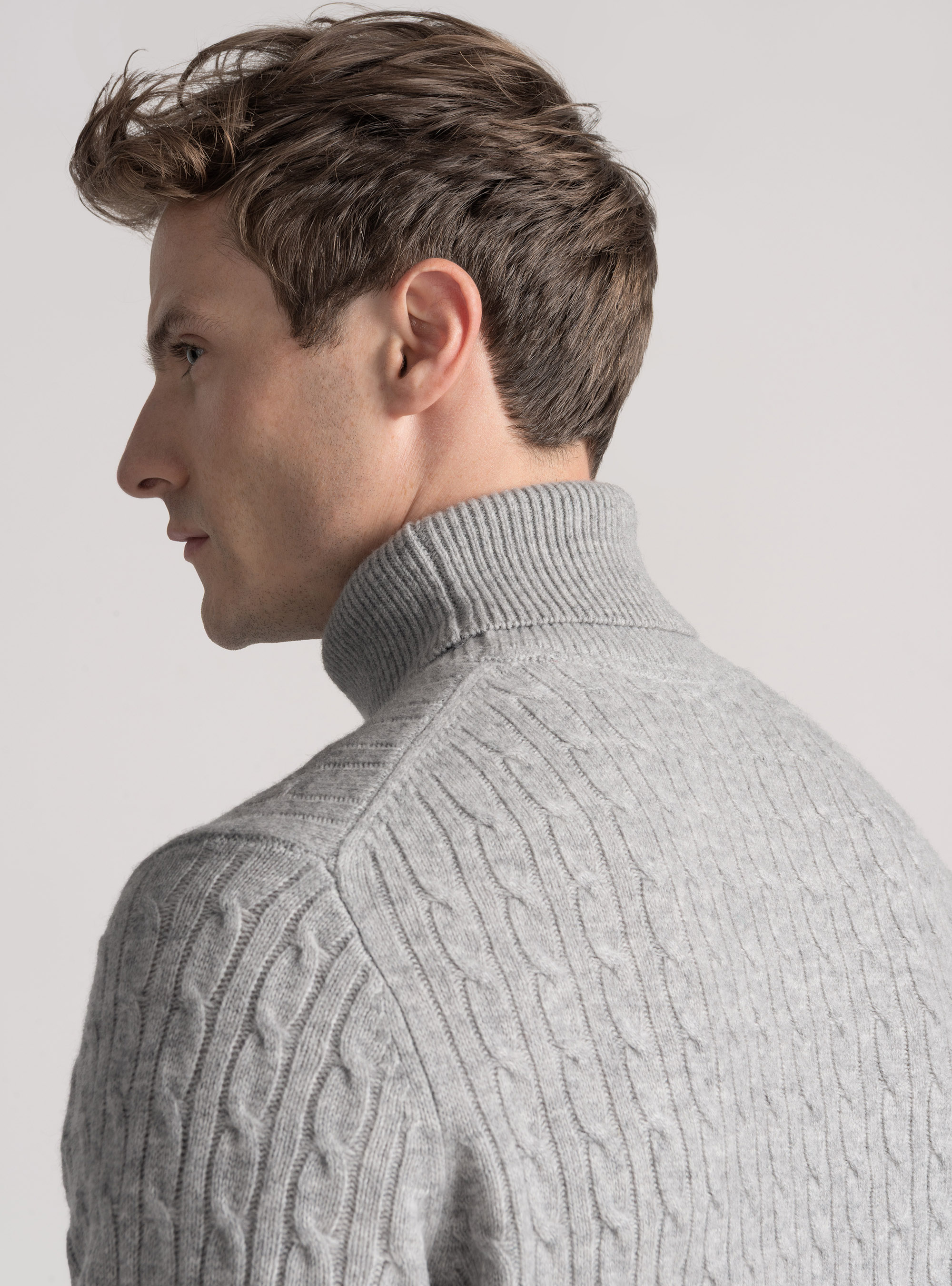 Maglia collo alto con treccia in lana cashmere, GRIGIO CHIARO MELANGE