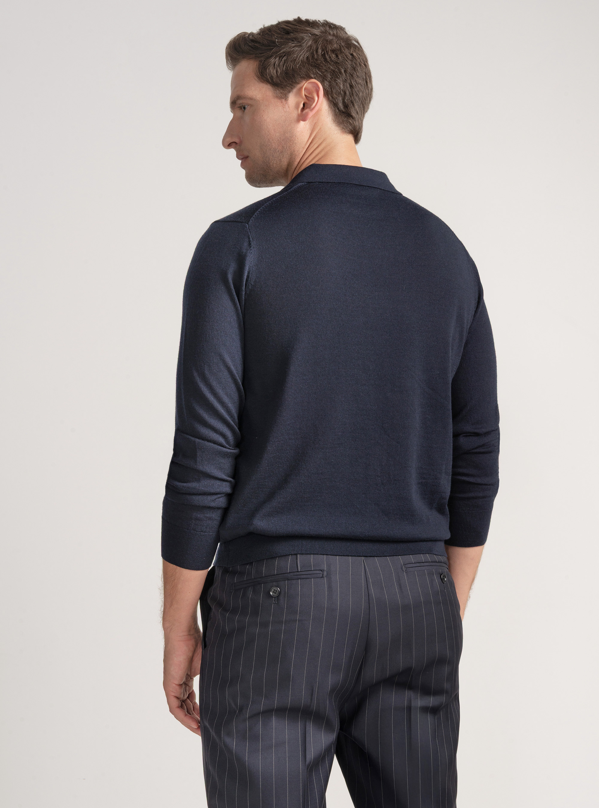 Polo in maglia senza bottoni in lana merino, BLU NAVY