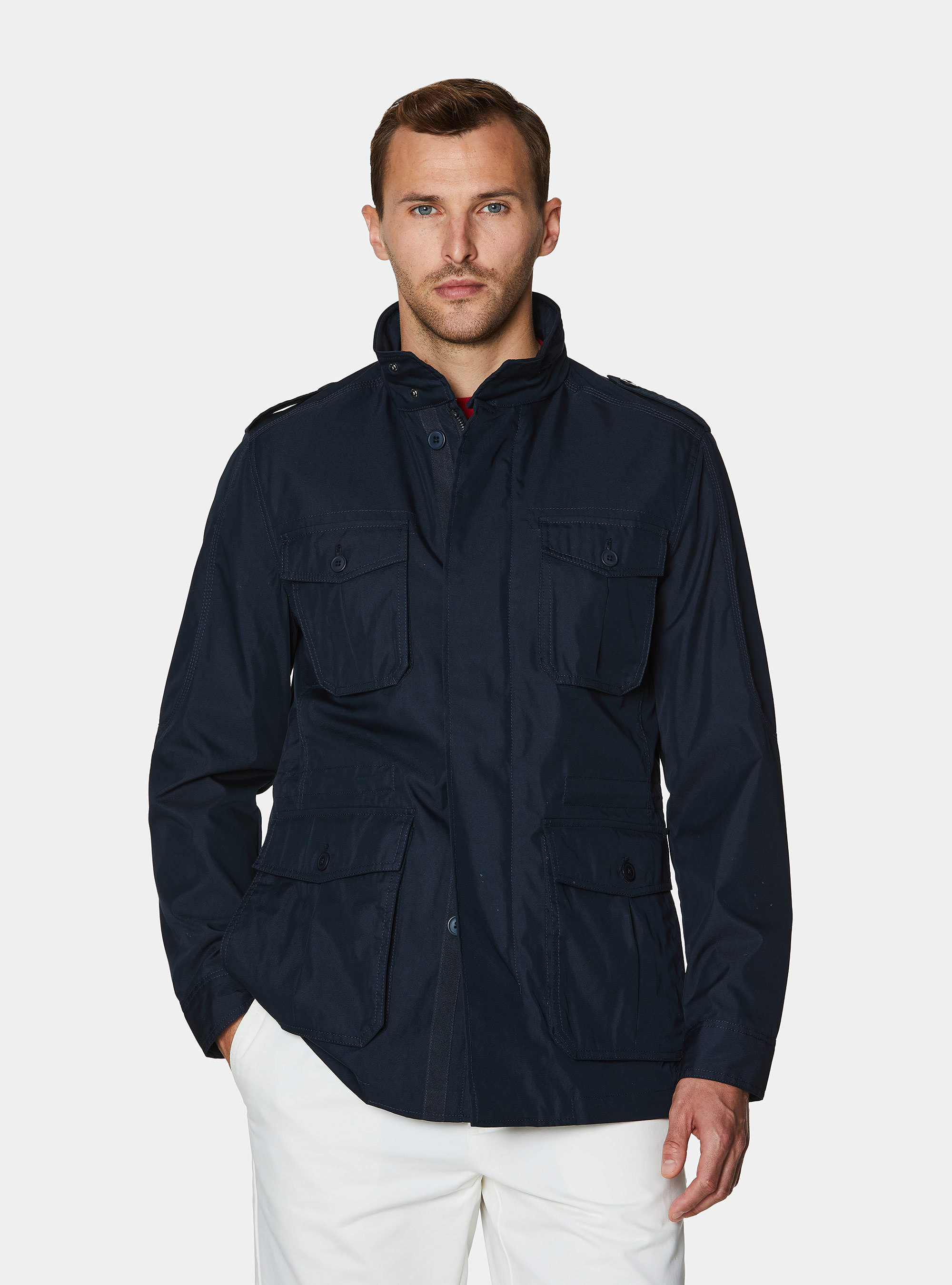Field jacket en twill de coton m&eacute;lang&eacute;, BLEU MARINE