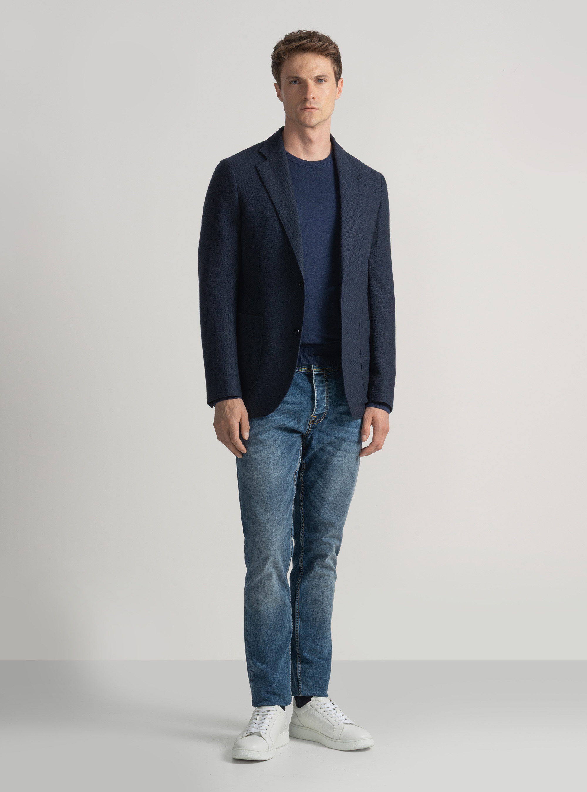 Giacca giro inglese in lana e cotone, BLU NAVY